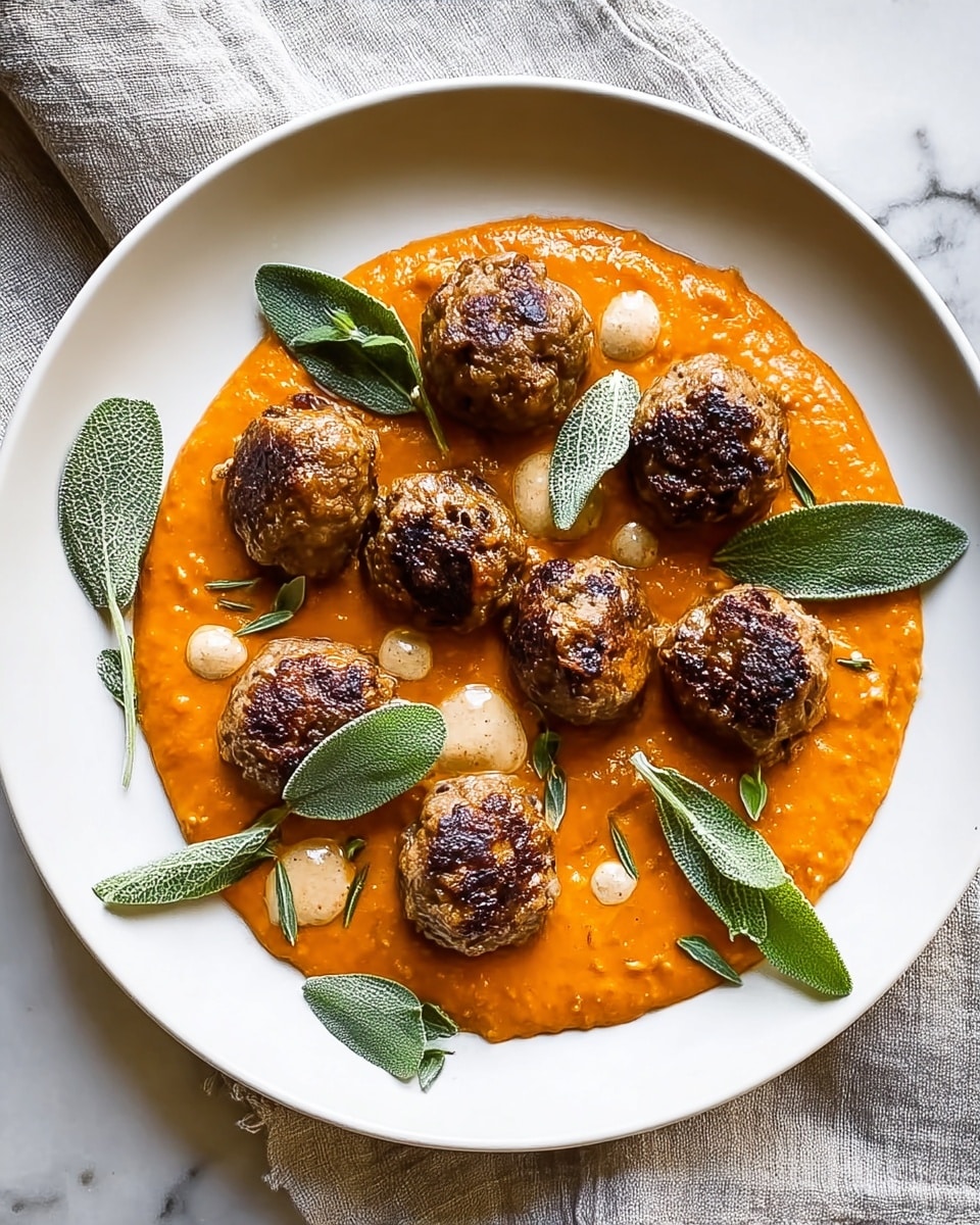 A white plate holds a round layer of smooth, bright orange sauce that spreads evenly across the base. On top, there are seven browned meatballs with a slightly crispy texture, arranged in a circular pattern. Small dollops of a light creamy sauce are scattered between and around the meatballs. Fresh green sage leaves are placed both on the meatballs and sauce, adding a touch of vibrant color and natural texture. The plate is set on a soft, gray linen cloth over a white marbled surface. photo taken with an iphone --ar 4:5 --v 7