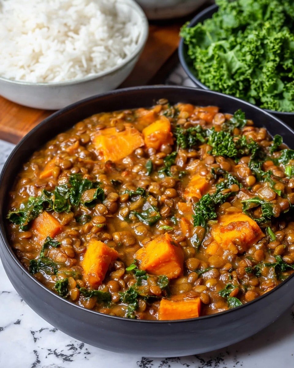 A black bowl filled with a thick stew made of brown lentils, bright orange sweet potato chunks, and dark green kale pieces mixed together in a rich, slightly shiny brown sauce. In the background, there are two white bowls, one with fluffy white rice and the other with fresh kale leaves, all placed on a white marbled surface. The stew shows a mix of soft textures from the lentils and sweet potatoes combined with the leafy kale, creating a colorful and hearty dish. photo taken with an iphone --ar 4:5 --v 7