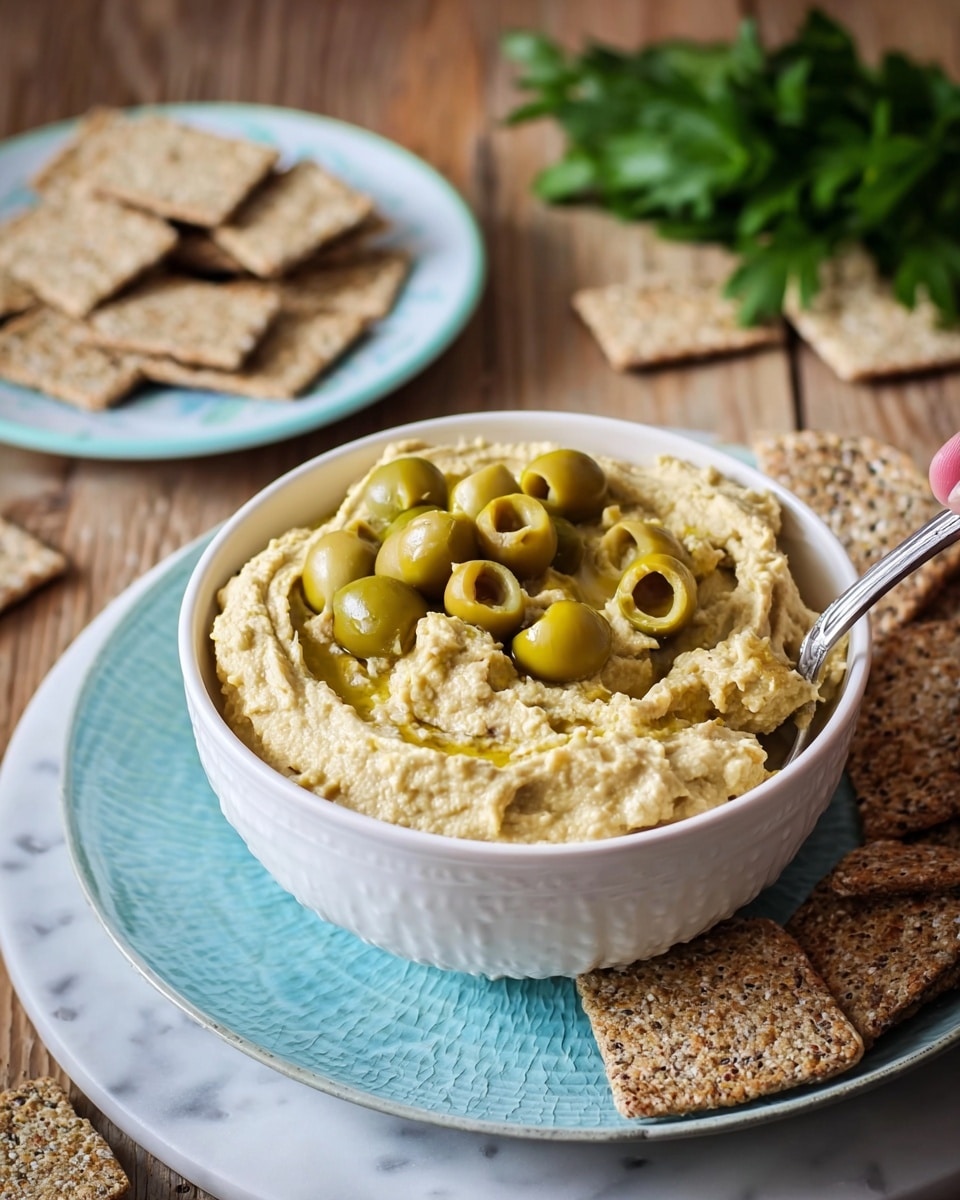 A white bowl filled with a creamy beige hummus topped with several halved green olives scattered on the surface, placed on a light blue textured plate which sits on a white plate, the bowl and plates rest on a wooden table. In the background, there is a white bowl with small square whole grain crackers on a light blue plate, and additional large multigrain crackers and some green leafy parsley are spread around. The whole setting is on a white marbled texture. photo taken with an iphone --ar 4:5 --v 7
