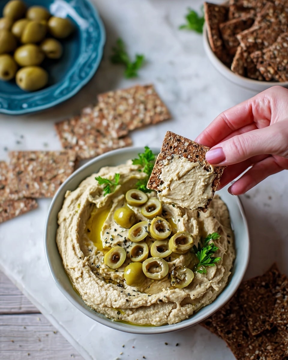 A white bowl filled with creamy hummus topped with sliced green olives sits on a white marbled surface. The hummus has a slightly rough texture and is a pale beige color with a drizzle of olive oil. A woman's hand holds a square multi-seed cracker with a thick layer of hummus spread on it above the bowl. More crackers and fresh green herbs are scattered around the scene, with a smaller white bowl full of crackers in the background on a blue plate. Photo taken with an iphone --ar 4:5 --v 7