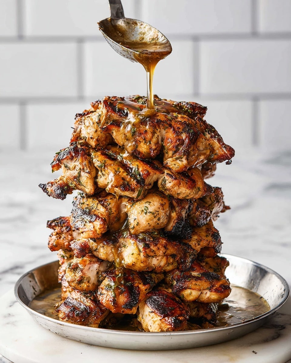 A tall stack of grilled chicken pieces with a golden-brown color and charred edges is arranged in multiple layers on a round silver pan, each layer showing juicy, cooked texture with herbs and spices visible, while a spoon held above pours rich, glossy sauce down the sides, creating a glistening effect; the scene is set against a white marbled surface with a white tiled background. photo taken with an iphone --ar 4:5 --v 7