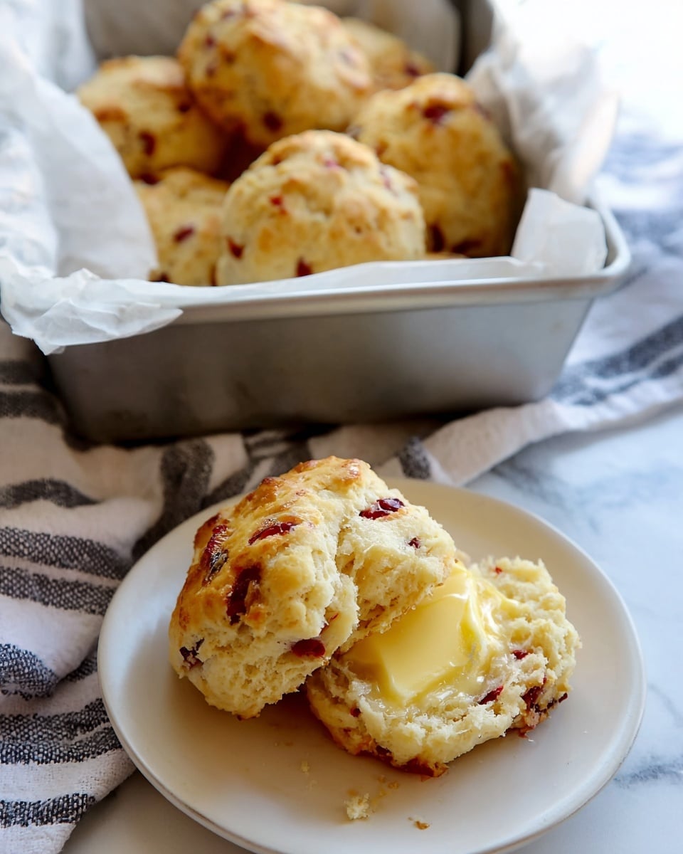 The image shows a biscuit that is torn in half with softened yellow butter melting on the bottom half. The biscuit has a golden-brown top with bits of red, likely cranberries or another dried red fruit, embedded throughout the crumbly, light beige interior. In the background, there is a white baking pan lined with parchment paper, filled with more golden biscuits that also have red bits inside. The pan rests on a white cloth with navy stripes, set on a white marbled surface. The photo is taken with an iphone --ar 4:5 --v 7