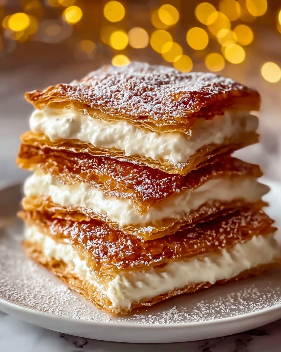A stack of three rectangular layered pastries sits on a white plate on a white marbled surface. Each layer shows a golden-brown, crispy, flaky pastry with a shiny texture. Between the layers, there is a thick white creamy filling visible at the edges. The top piece has powdered sugar lightly dusted all over, adding a soft white contrast to the shiny brown crust. Warm yellow bokeh lights in the background add a cozy atmosphere. photo taken with an iphone --ar 4:5 --v 7