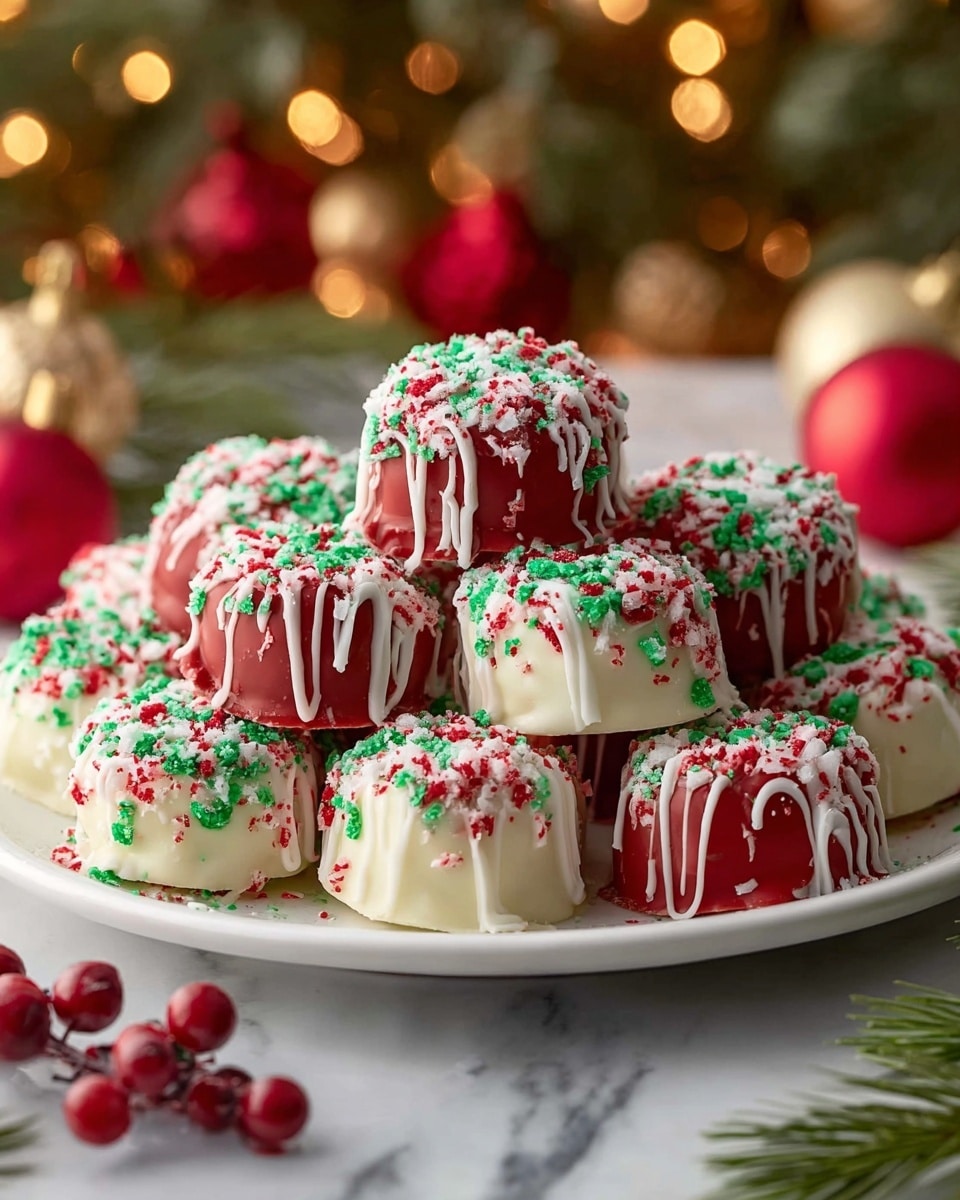 A pile of round treats covered in two main layers sits stacked on a white plate. The bottom layer is a smooth, glossy coating in red or white, alternating among the treats. Over this base, white drizzle runs down the sides, adding a textured look. On top, bright green, red, and white crushed sprinkles are scattered thickly, giving a festive feeling. The plate rests on a white marbled surface with some green pine and red berries nearby, and blurred holiday lights with red and gold round ornaments in the background create a warm, cozy atmosphere. Photo taken with an iphone --ar 4:5 --v 7