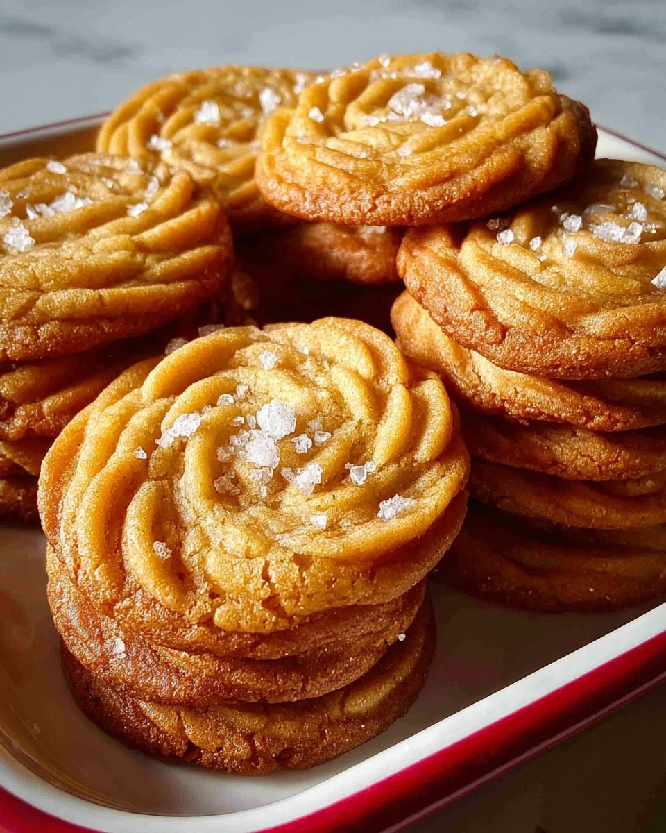 Several stacks of golden brown cookies with a soft, slightly cracked texture are arranged on a white tray with red edges, placed over a white marbled surface. Each cookie has a swirled pattern on top, adding a ridged texture, and some are sprinkled with coarse white salt crystals that catch the light. The cookies are thick and appear chewy with a slightly crispy surface. The image has warm tones highlighting the freshly baked look. photo taken with an iphone --ar 4:5 --v 7