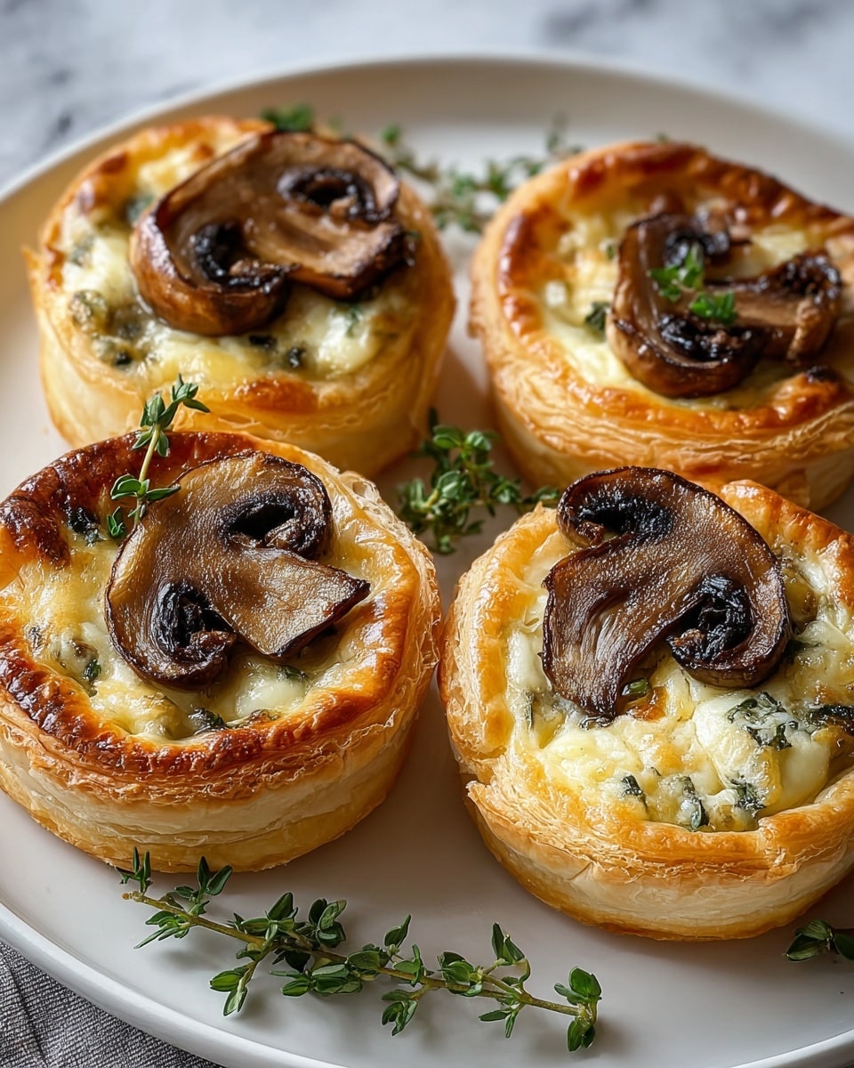 The image shows four small puff pastry tarts on a white plate with a white marbled texture underneath. Each tart has three visible layers starting with a golden brown, flaky, and thick puff pastry base and walls. Inside, there is a creamy, light yellow cheese filling that looks soft and slightly bubbly, with small green herbs mixed in. On top of each tart, there are two to three slices of cooked brown mushrooms that have a tender texture and dark edges. Small sprigs of fresh green thyme are scattered on and around the tarts, adding a touch of color and freshness. photo taken with an iphone --ar 4:5 --v 7