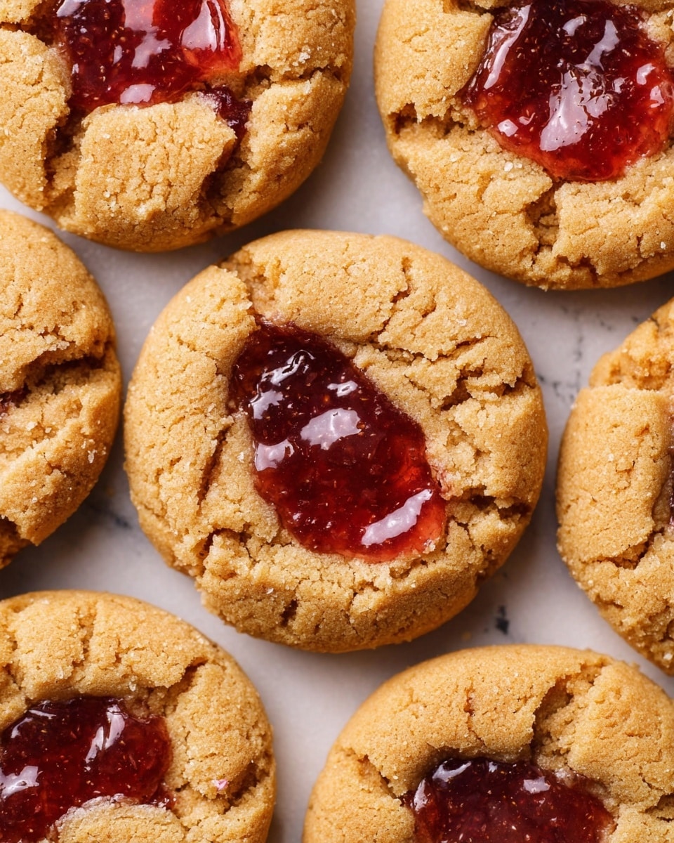 A close-up view of several round cookies with cracked light brown tops and a glossy, deep red jam filling in the center of each one. The cookies have a rough, crumbly texture with uneven cracks around the edges of the jam, which looks thick and slightly sticky. The cookies are placed closely together on a white marbled surface that contrasts softly with the warm tones of the cookies and jam. photo taken with an iphone --ar 4:5 --v 7