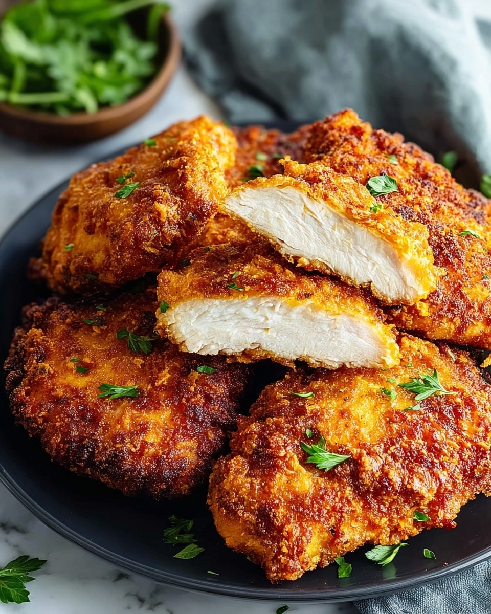 A black plate holds six pieces of golden-brown fried chicken with a crispy, textured crust. One piece is sliced in the middle, showing the moist white chicken inside. Small green parsley leaves are sprinkled on top of the chicken and around the plate for color. The plate sits on a white marbled surface with a soft gray cloth and a small bowl of fresh greens blurred in the background. photo taken with an iphone --ar 4:5 --v 7