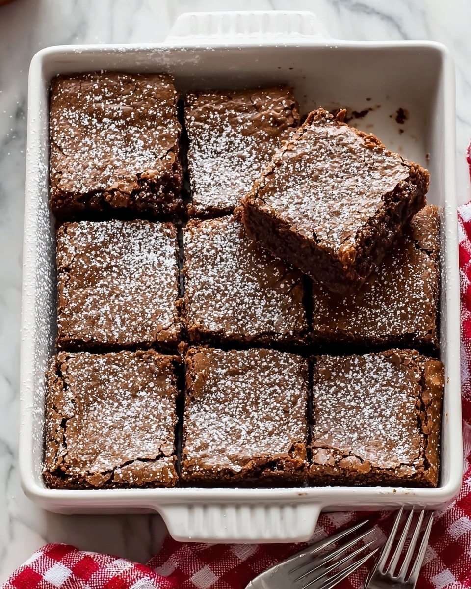 The image shows a white rectangular baking dish filled with nine square brownies, each with a cracked, slightly rough top layer that is a rich dark brown color. One brownie piece is lifted and held above the dish, revealing the dense and moist texture inside. A light dusting of white powdered sugar is sprinkled evenly over the entire surface of the brownies and the edges of the dish. The dish is placed on a white marbled surface, and a red and white checkered cloth is partly visible at the bottom right corner with a fork resting beside it. Photo taken with an iphone --ar 4:5 --v 7