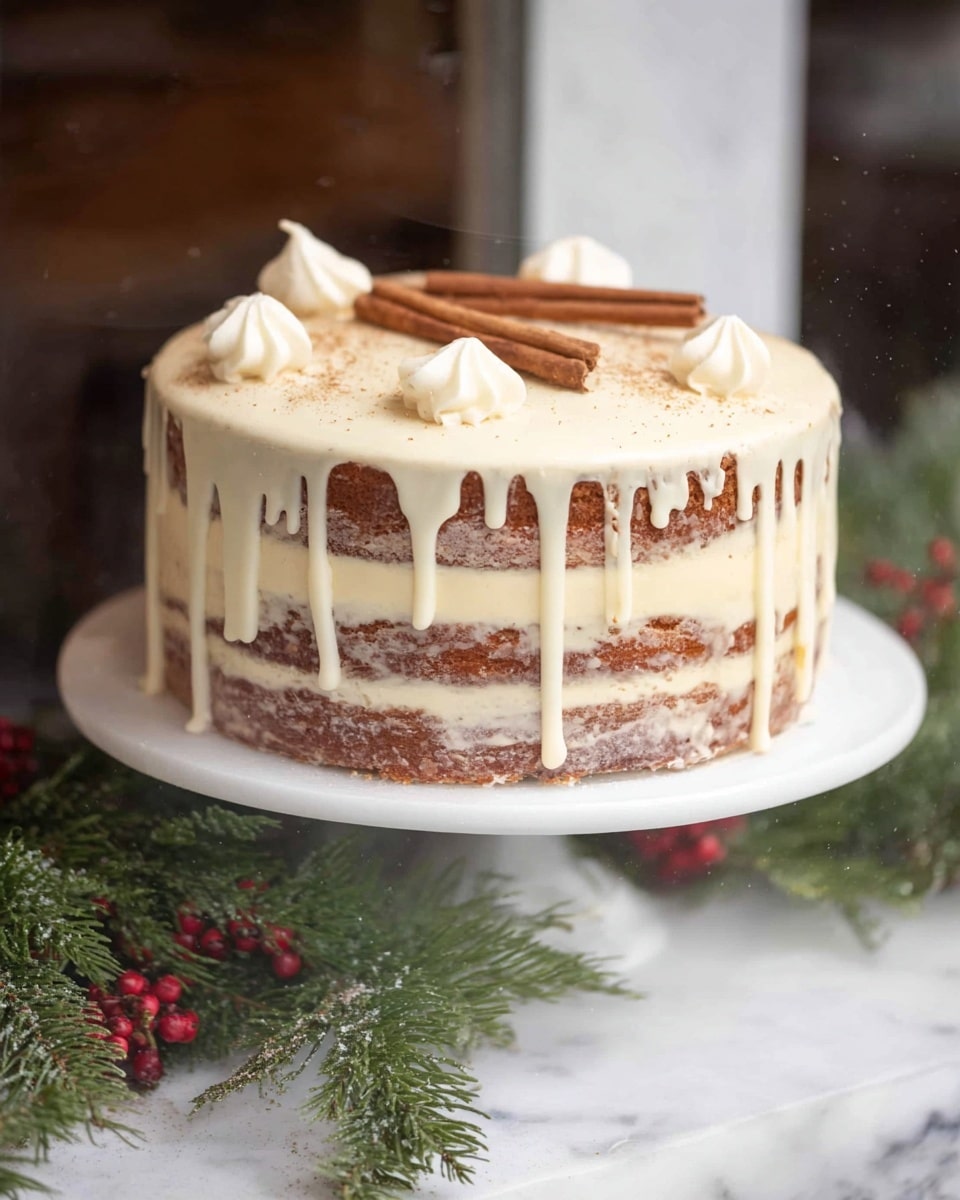 A three-layer round cake with thin light brown layers and thicker cream-colored frosting in between, covered lightly with the same frosting on the sides showing some cake through; white glaze drips down from the top edges in uneven streams. On top, there are small swirls of white cream and two cinnamon sticks placed diagonally. The cake sits on a white cake stand, surrounded by green pine branches and red berries, all set against a white marbled surface. photo taken with an iphone --ar 4:5 --v 7