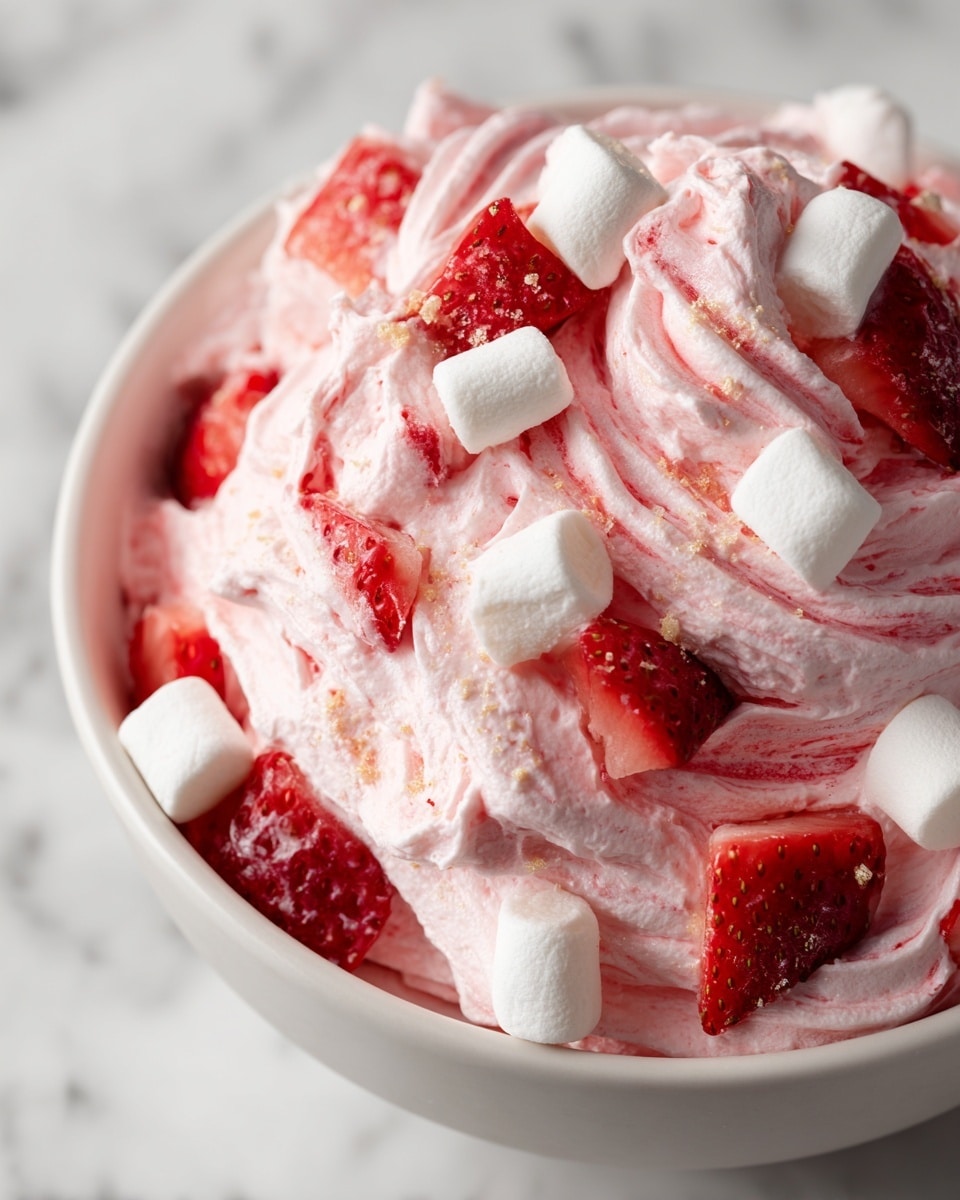 A close-up view of a white bowl filled with a fluffy pink dessert, showing thick swirls of creamy pink whipped mixture layered with bright red strawberry pieces that have tiny seeds visible on their shiny surfaces. Scattered throughout the dessert are small white marshmallows adding a soft, pillowy texture, lightly dusted with hints of golden crumbs. The bowl sits on a white marbled surface, enhancing the vibrant colors of the dessert. photo taken with an iphone --ar 4:5 --v 7