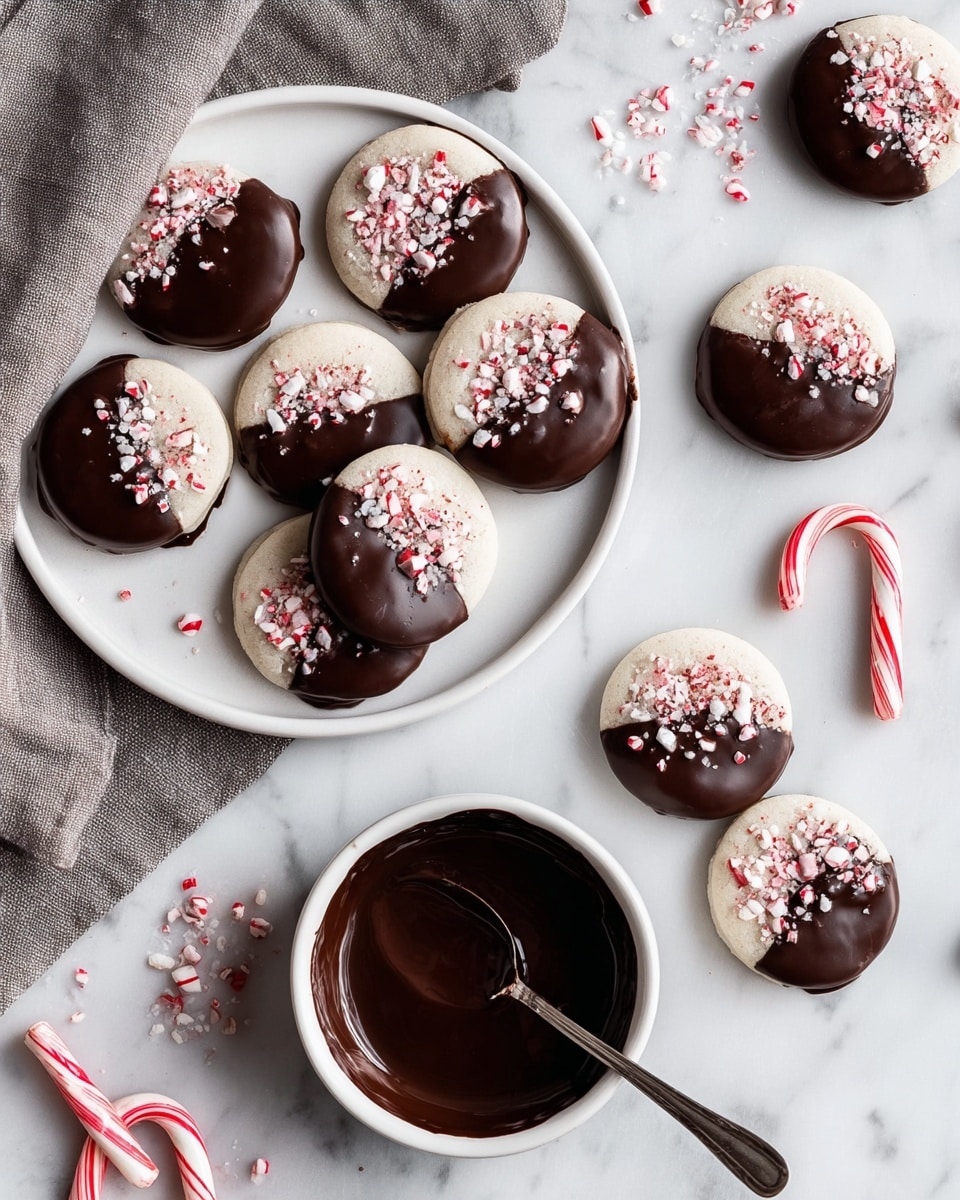 The image shows seven round white cookies on a white plate with a grey cloth underneath, each half-covered with glossy dark chocolate on top sprinkled with small crushed pink and white candy pieces. To the right, three more cookies lie directly on a white marbled surface, also half-dipped in chocolate with candy bits. Below them is a small white bowl filled with melted dark chocolate, next to a silver spoon partially covered with the chocolate. Scattered around are tiny crushed candy pieces and two whole candy canes with red and white stripes. The scene is bright with a clean, minimal style. photo taken with an iphone --ar 4:5 --v 7