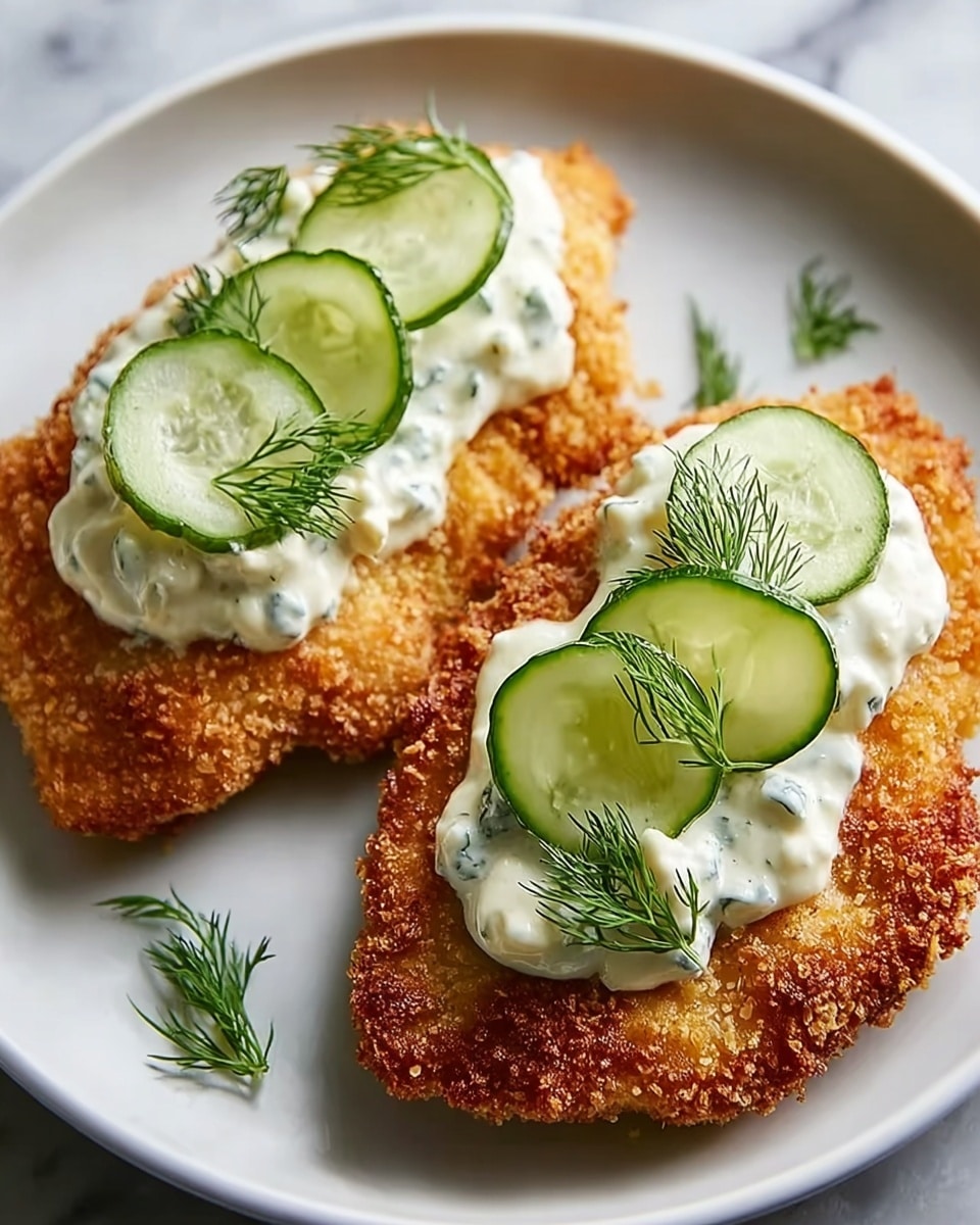 Two pieces of golden brown fried breaded chicken are placed on a white plate. Each chicken piece is topped with a dollop of creamy white sauce that has a slightly chunky texture. On top of the sauce, there are thin green cucumber slices and small sprigs of green dill. The plate sits on a white marbled surface. photo taken with an iphone --ar 4:5 --v 7