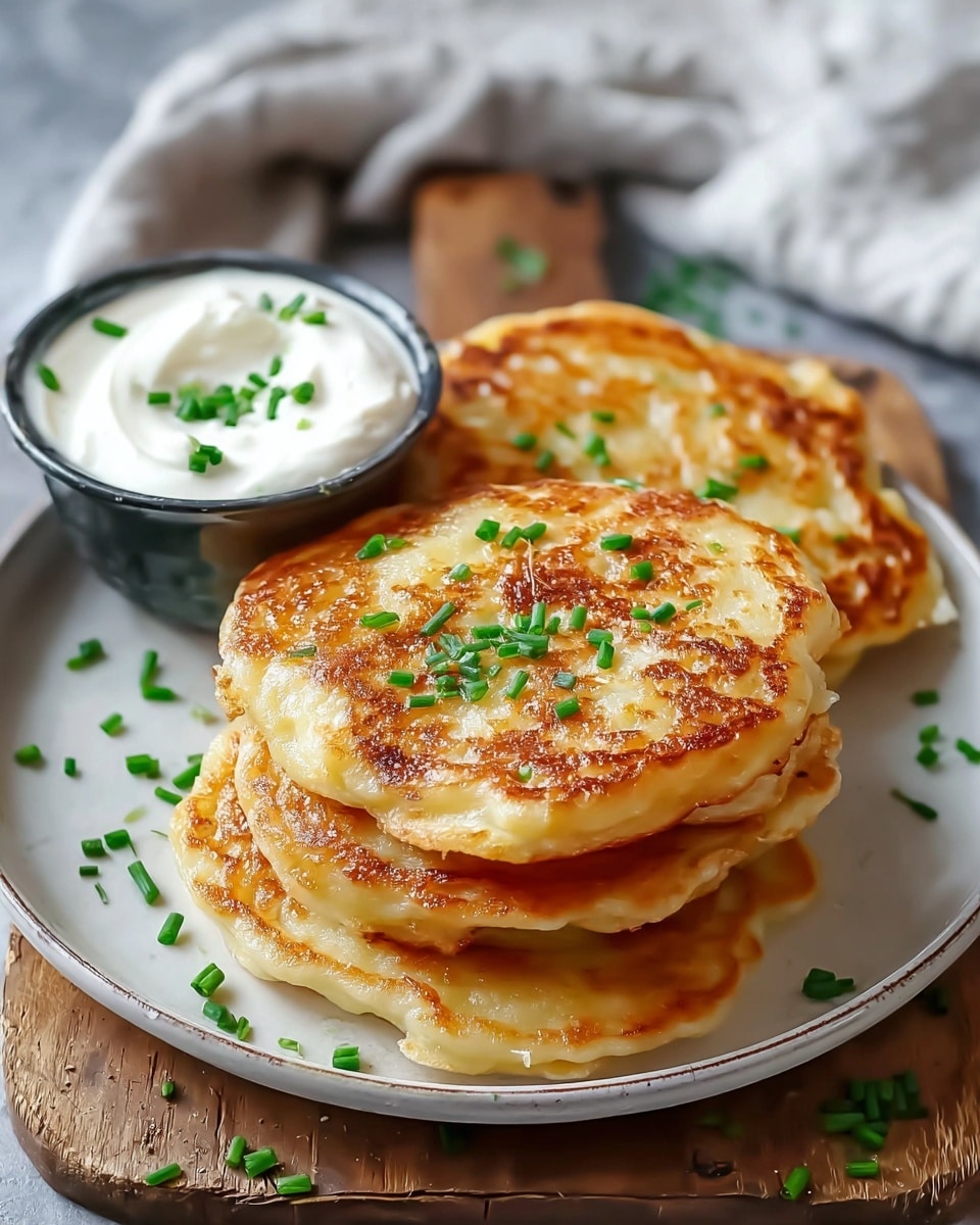 A dark grey plate holds four golden brown potato pancakes with a crispy textured surface and small green chive pieces sprinkled on top, arranged mostly touching each other with some overlap. To the side on the plate is a small round bowl with smooth white sour cream, also garnished with chopped chives. The plate sits on a round wooden board placed on a white marbled surface, with a soft gray cloth blurred in the background. Photo taken with an iphone --ar 4:5 --v 7