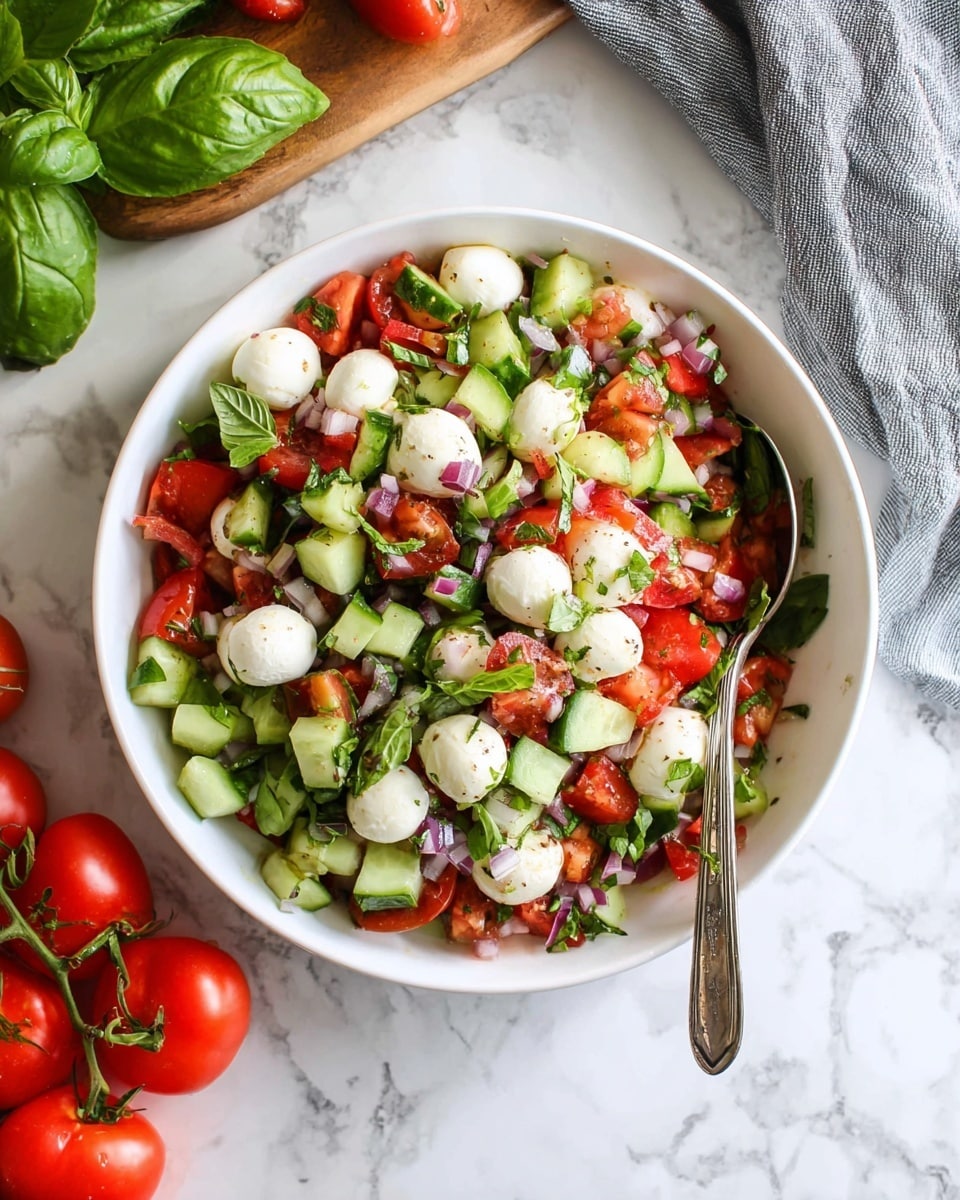 A white bowl filled with a fresh salad consisting of several layers: small round white mozzarella balls, bright green cucumber slices cut into chunks, and diced red tomatoes mixed with finely chopped red onions and fresh basil leaves scattered on top. The textures show the soft and smooth mozzarella, the crisp cucumbers, juicy tomatoes, and leafy greens. A silver spoon rests inside the bowl on the right side. The bowl is placed on a white marbled surface, with a gray cloth partially visible in the upper left corner and some fresh basil leaves on a wooden board in the upper right corner. Bright red tomatoes on the vine sit at the bottom left. Photo taken with an iphone --ar 4:5 --v 7
