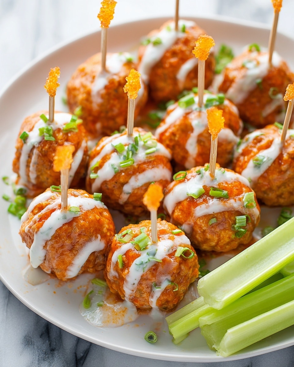 A white plate is filled with round orange meatballs coated in a shiny buffalo sauce, each drizzled with white ranch dressing in thin zigzag lines, and sprinkled with small green chopped scallions. The meatballs have a moist, slightly textured surface and are arranged closely, some pierced by wooden sticks tipped with small amber sugar decorations. Along the side of the plate are crisp, fresh celery sticks with a pale green color. The plate sits on a white marbled surface. photo taken with an iphone --ar 4:5 --v 7