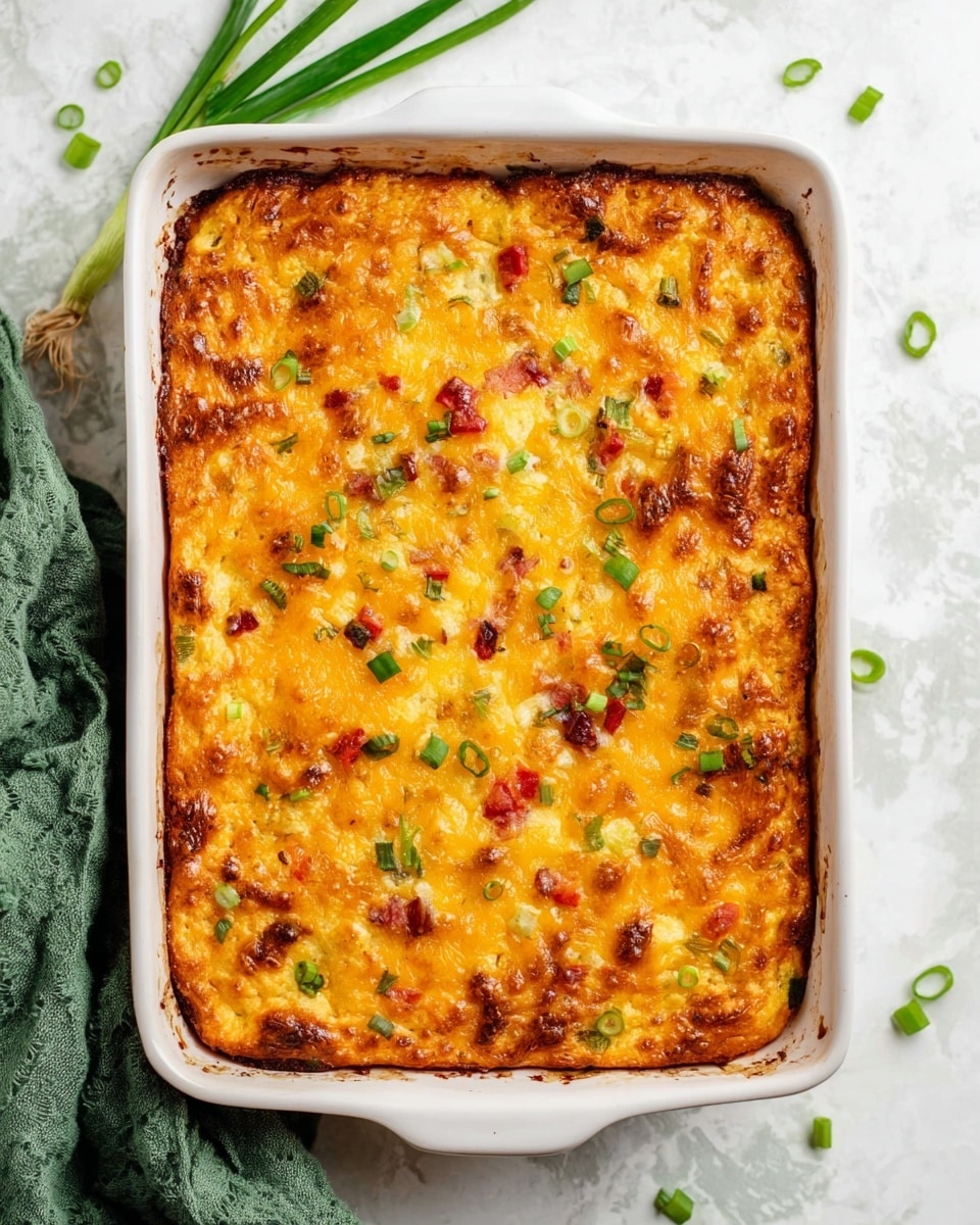 A white rectangular baking dish filled with a golden brown baked casserole showing a bubbly, slightly crispy top layer of melted cheddar cheese with small, evenly scattered bits of red diced pieces and green chopped scallions. The surface has a textured look with cheesy, toasted spots and a few darker, crispy edges around the dish. The casserole sits on a white marbled texture surface, with some green scallions sprinkled around and a green cloth partially visible on the left side. photo taken with an iphone --ar 4:5 --v 7
