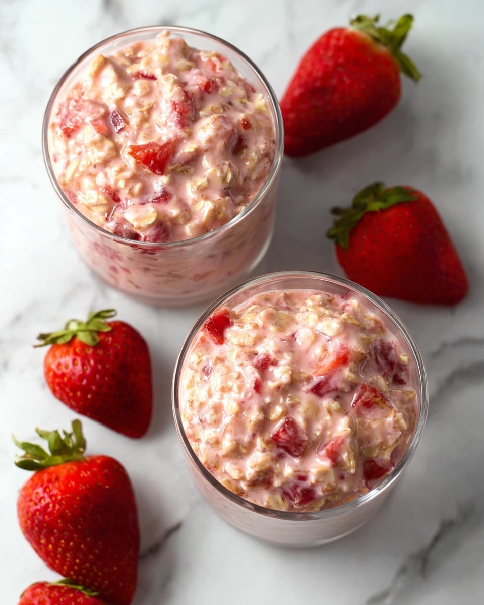 Two clear glass cups filled with a creamy mix of oats and chopped strawberries, showing a pinkish color from the strawberry juice blending with the oats. The mixture has visible pieces of red strawberry and textured oats throughout, giving it a chunky and moist look. Around the cups are several whole fresh strawberries with green tops, placed on a white marbled surface. photo taken with an iphone --ar 4:5 --v 7