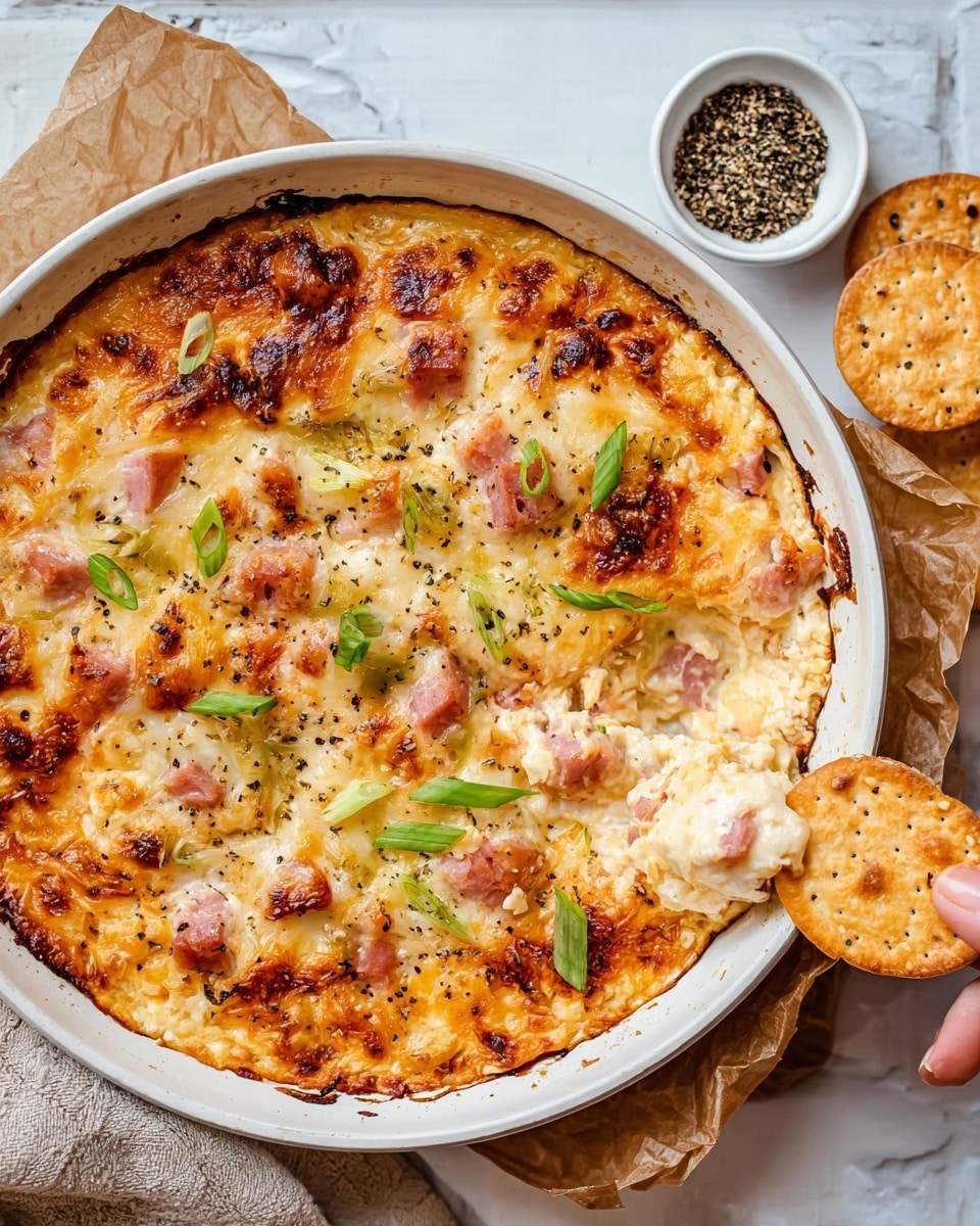 The image shows a round white pan filled with a creamy, baked dip topped with melted, golden-brown cheese that has some darker, crispy spots. Mixed throughout are small chunks of pink ham and pieces of green onion scattered on top for color. A crispy, lightly toasted cracker is being dipped into the thick, gooey cheese mixture on the right side of the pan. The pan is set on a piece of worn paper over a white marbled surface, with a small white bowl of ground black pepper above the pan. The scene is bright and clear, with a cozy, homemade feel. photo taken with an iphone --ar 4:5 --v 7