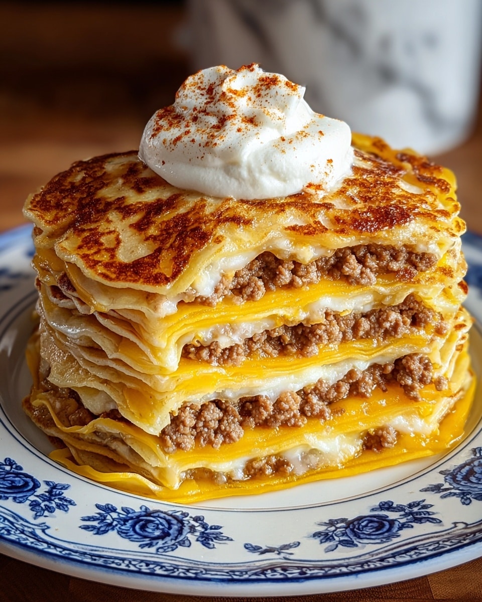 A thick stack of six layers of pancakes is shown on a white plate with blue floral patterns around the edges. The layers alternate between golden-brown cooked pancake surfaces, thin yellow melted cheese, and light brown cooked ground meat with a slightly crumbly texture. The top pancake layer is crispy and browned with a dollop of white whipped cream sprinkled with a dusting of reddish spice. The background features a soft white marbled texture. photo taken with an iphone --ar 4:5 --v 7
