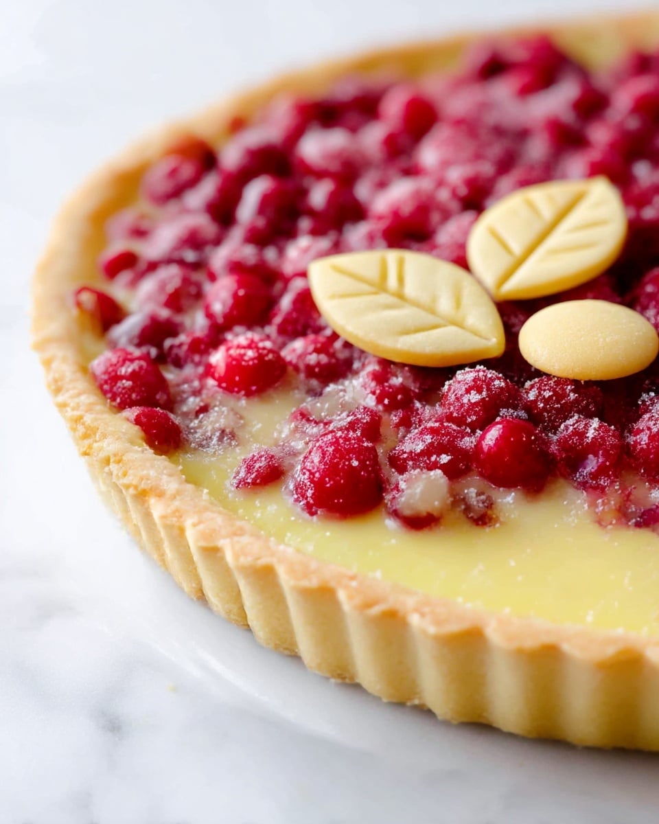 A close-up of a fruit tart on a white plate shows three layers: the bottom layer is a light golden tart crust with a slightly crimped edge, the middle layer is a smooth yellow custard filling, and the top layer is covered with bright red cranberries with a slightly glossy texture. There are three small round golden pastry pieces next to two leaf-shaped pastry decorations placed near the center on top. The white plate is set on a white marbled surface. Photo taken with an iphone --ar 4:5 --v 7