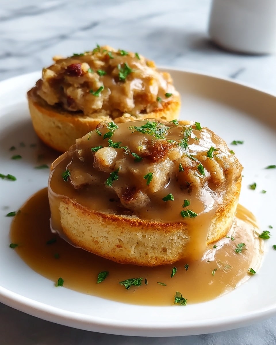 Two golden brown biscuit bases are topped with a light brown, chunky mixture that looks crispy on the edges and soft inside. A smooth, shiny light brown gravy covers most of the topping, with small chopped green herbs sprinkled on top and around the biscuits on a white plate. The plate sits on a white marbled texture surface. photo taken with an iphone --ar 4:5 --v 7