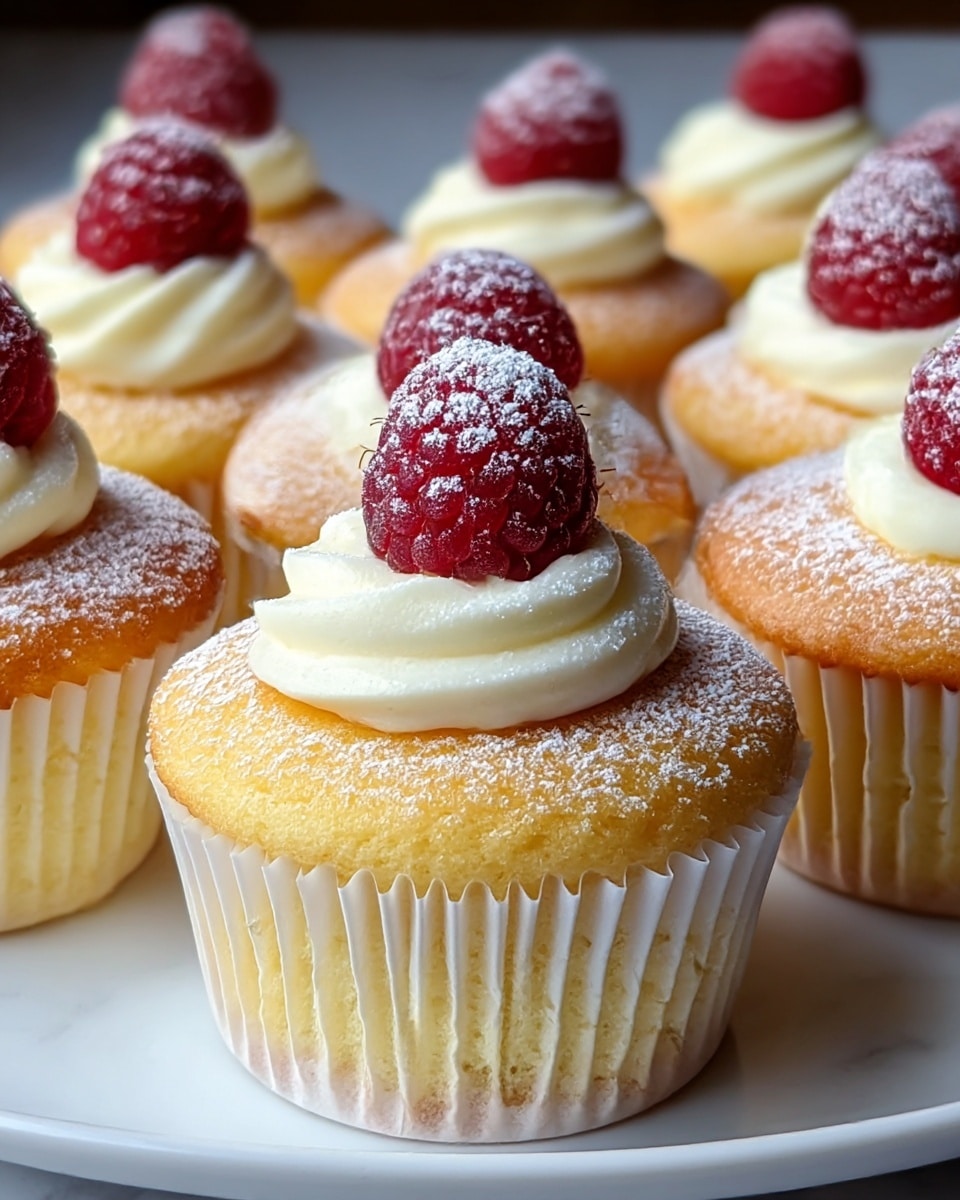 The image shows a close-up view of several light yellow cupcakes arranged on a white plate set on a white marbled surface. Each cupcake has three main layers: a soft yellow base, a golden brown baked top, and a small swirl of white whipped cream in the center. On top of each swirl sits a bright red raspberry, with the whole cupcake lightly dusted with white powdered sugar. The texture of the cupcake base looks moist and fluffy, while the whipped cream is smooth and creamy, and the raspberries are plump with detailed seeds visible. photo taken with an iphone --ar 4:5 --v 7