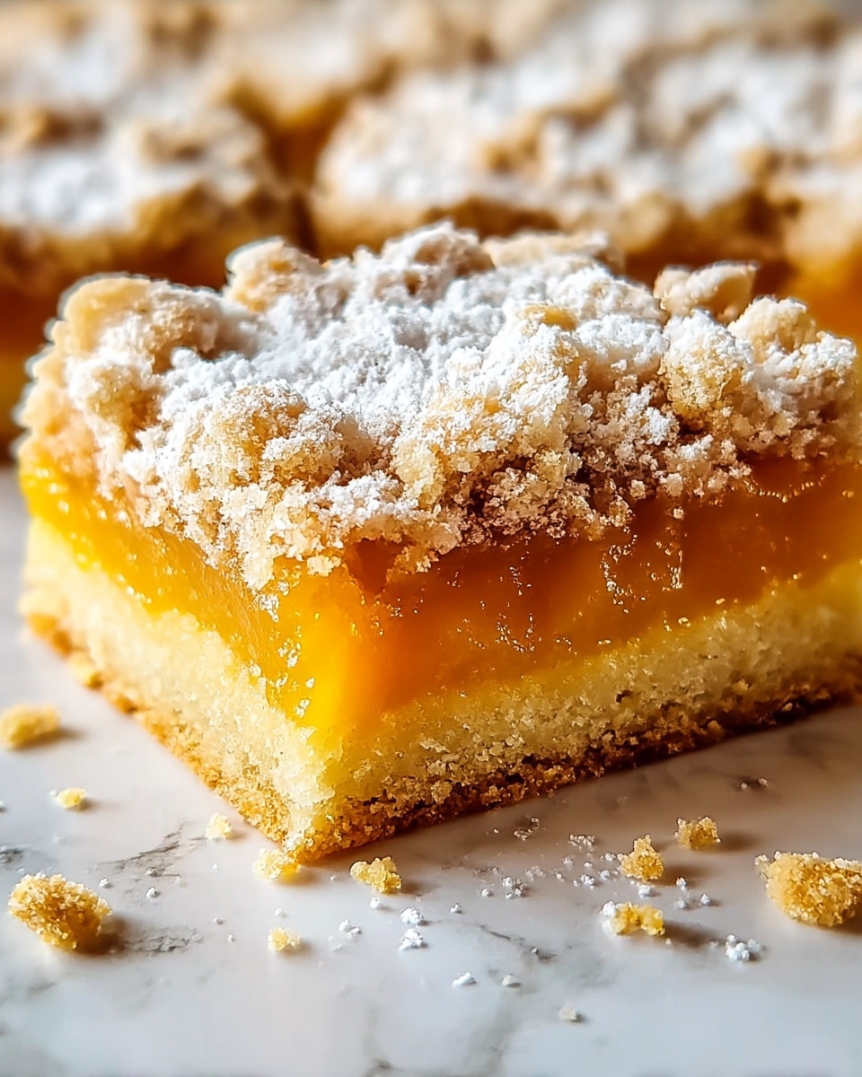 The image shows a close-up of a square dessert bar with three layers on a white marbled texture surface. The bottom layer is a golden-brown crust that looks firm and slightly crumbly. The middle layer is a thick, bright orange fruit filling that appears soft and glossy. The top layer is a crumbly streusel topping dusted with powdered sugar, giving it a light, snowy look. Around the bar, there are small crumbs scattered on the surface. Photo taken with an iphone --ar 4:5 --v 7