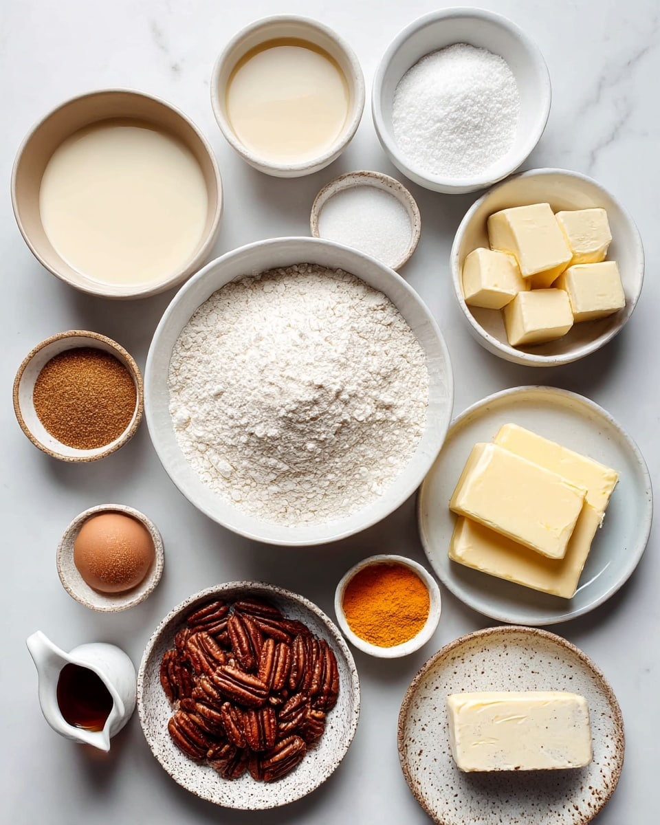 The image shows a collection of ingredients placed separately in white bowls and plates on a white marbled surface. There are eleven containers: a large bowl of white flour in the center, a bowl of white sugar to its lower right, and a bowl of light brown sugar below the flour. To the upper left of the flour bowl is a bowl with a pale cream liquid, and directly above that is a small bowl of white powder, likely baking powder. On the right side, there are three pieces of pale yellow butter on a white plate, and below it, a single slice of butter on a light speckled round plate. A bowl filled with dark brown pecans sits above the flour bowl. Next to the sugar bowl is a small bowl of brown powder, probably cinnamon, and a small bowl filled with a bright orange-yellow powder, likely turmeric. A small bowl with a raw egg rests to the left of the flour, and just below it is a tiny white jug with a dark amber liquid, possibly vanilla extract. The scene is well-lit and organized, with a clean, modern look. photo taken with an iphone --ar 4:5 --v 7