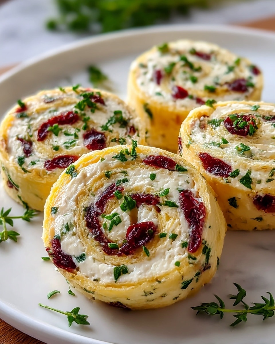 The image shows four swirl pinwheel appetizers on a white plate placed on a white marbled surface. Each pinwheel has three visible layers: a light yellow outer layer resembling a thin omelette or tortilla, a white creamy cheese layer inside, and bright red dried cranberries scattered through the cheese layer. Green chopped herbs are mixed throughout the outer layer and sprinkled on top of each pinwheel. The texture of the outer layer looks soft and slightly spongy, while the cheese layer looks smooth and creamy. Some extra green herb sprigs are placed around the plate as garnish. Photo taken with an iphone --ar 4:5 --v 7