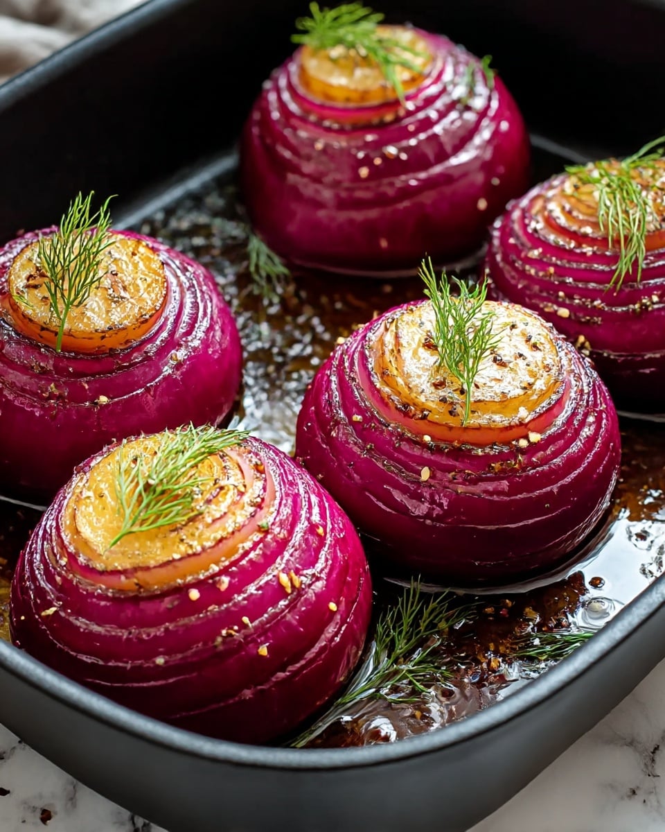 The image shows four purple-red roasted onions in a black pan on a white marbled surface. Each onion is sliced thinly in layers from top to bottom but still holds its round shape. A golden brown roasted potato slice sits on top of each onion, garnished with small sprigs of fresh green dill. The onions are shiny with a light coating of oil and sprinkled with herbs and coarse spices, with a few scattered on the pan. photo taken with an iphone --ar 4:5 --v 7