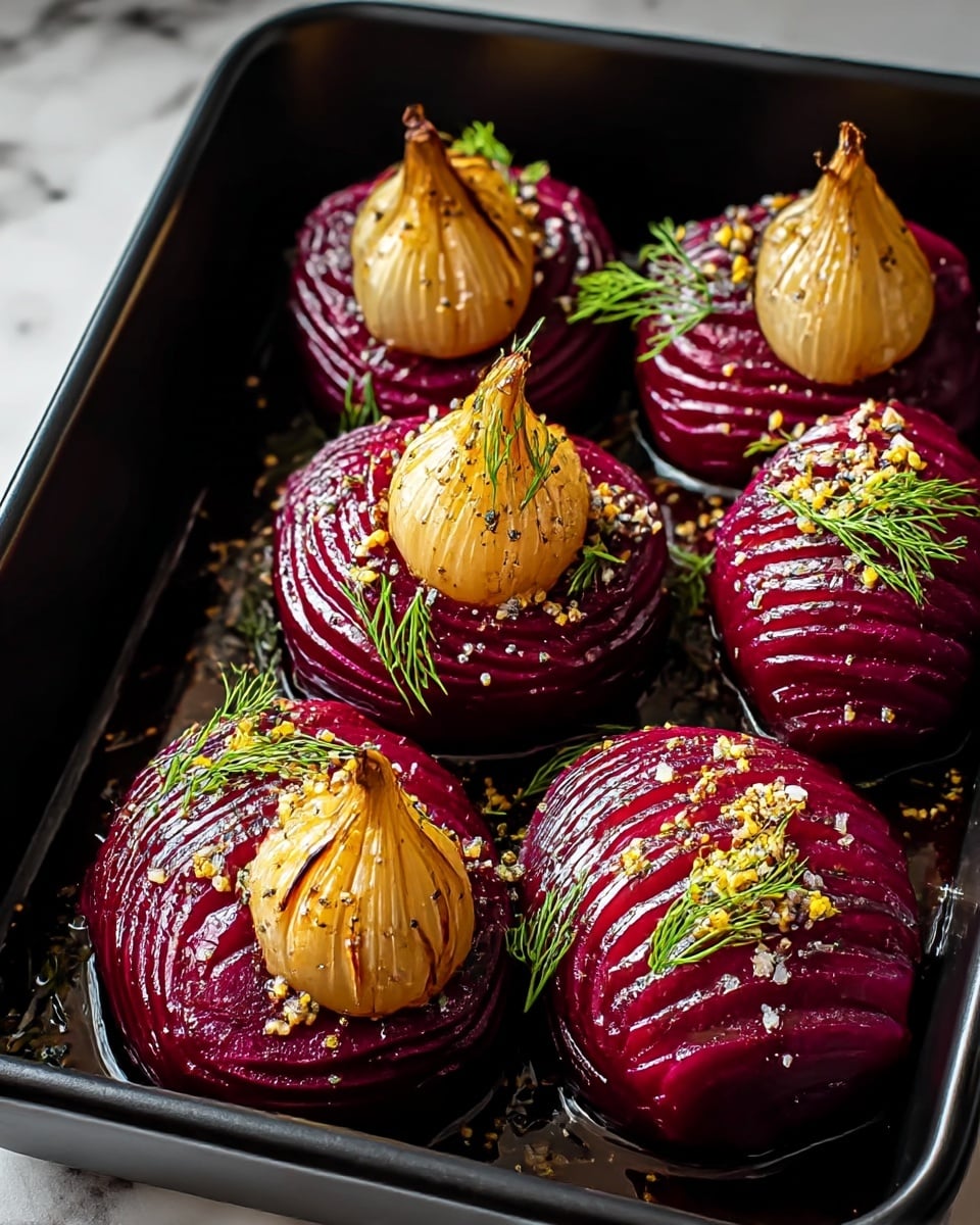 Four baked hasselback beets sit closely together in a black baking dish, each beet sliced thinly almost all the way through, creating a fan-like layered texture in deep purple with a shiny glaze. On top of each beet is a roasted garlic bulb, golden brown with a slightly charred edge, adding a soft, smooth texture contrast. The beets are sprinkled with cracked pepper, coarse salt, and fresh green dill, adding small specks of yellow, white, and bright green to the rich purple base. The baking dish rests on a white marbled surface. photo taken with an iphone --ar 4:5 --v 7