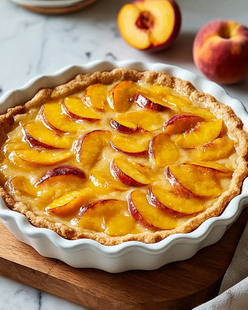 A peach pie is shown in a white fluted pie dish with a golden brown, crimped crust edge. The top layer features many bright yellow and orange sliced peaches with reddish skin accents, arranged closely and partially overlapping, set in a glossy glaze giving a shiny, smooth texture. The pie dish sits on a wooden board with a white marbled surface in the background, and two whole peaches blurred in the distance. Photo taken with an iphone --ar 4:5 --v 7