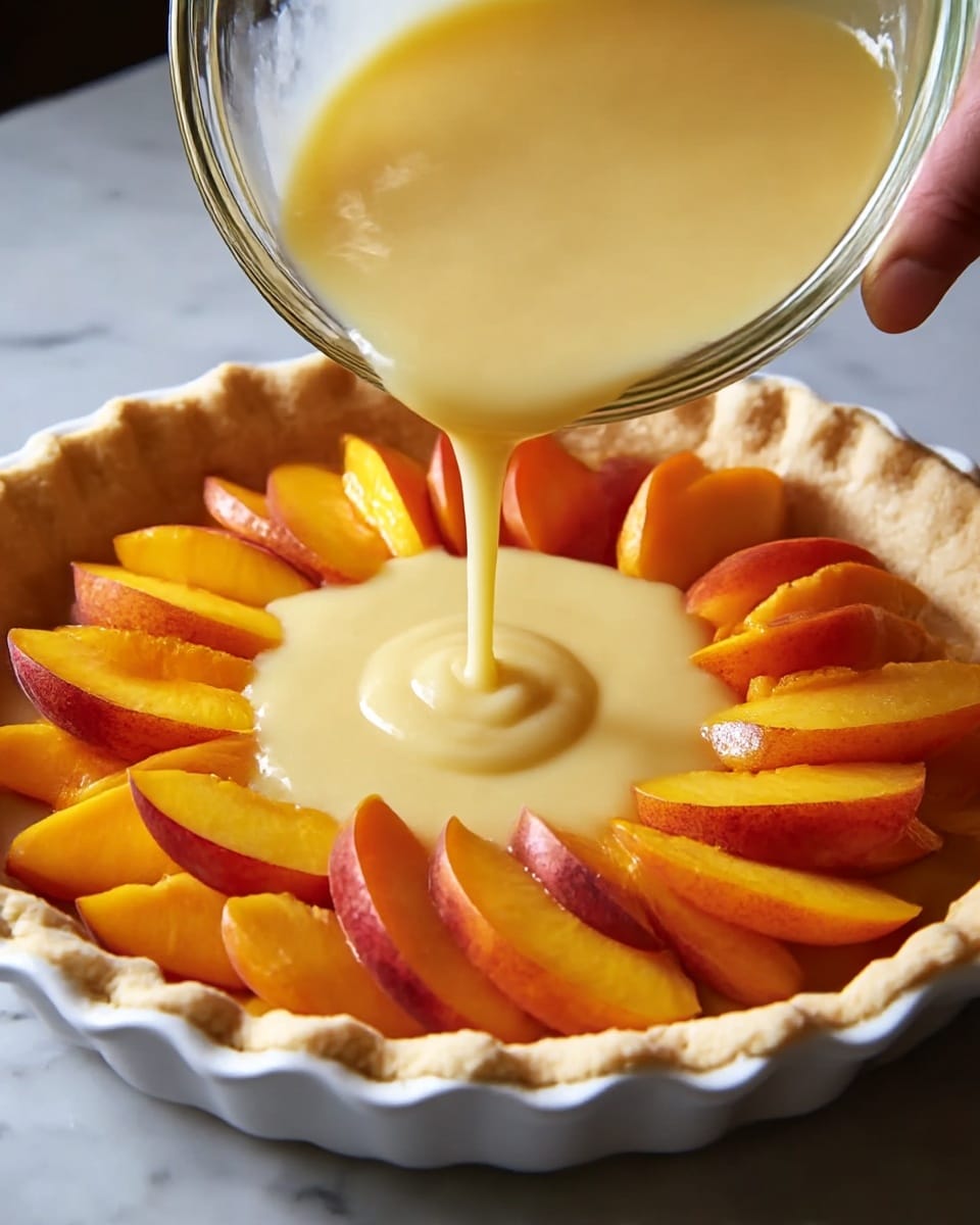 A close-up of a peach tart in a white pie crust with a crimped edge, arranged with sliced bright orange peach wedges in a circular pattern inside the crust, a smooth, creamy pale yellow custard being poured from a clear glass bowl into the center over the peaches, the tart sits on a white marbled surface, a woman's hand holding the glass bowl. photo taken with an iphone --ar 4:5 --v 7