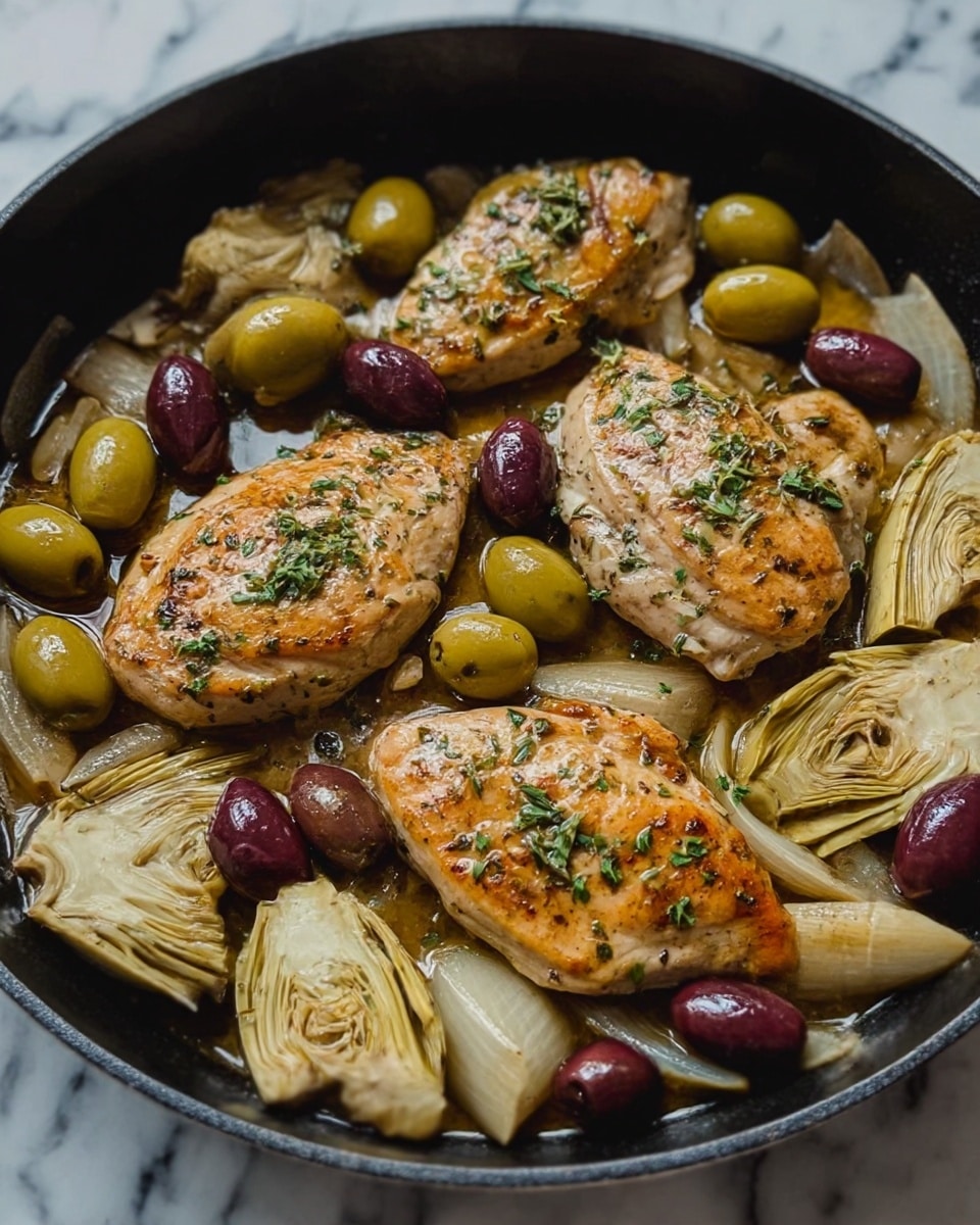 The image shows a black skillet filled with three pieces of cooked chicken, each piece browned on top with visible grill marks and sprinkled with small green herbs. Surrounding the chicken are several whole green and dark purple olives, along with sliced artichoke hearts that are pale yellow with a soft texture. The dish is covered in a glossy sauce that fills the skillet and gives everything a shiny, moist look. The background is a white marbled surface. photo taken with an iphone --ar 4:5 --v 7