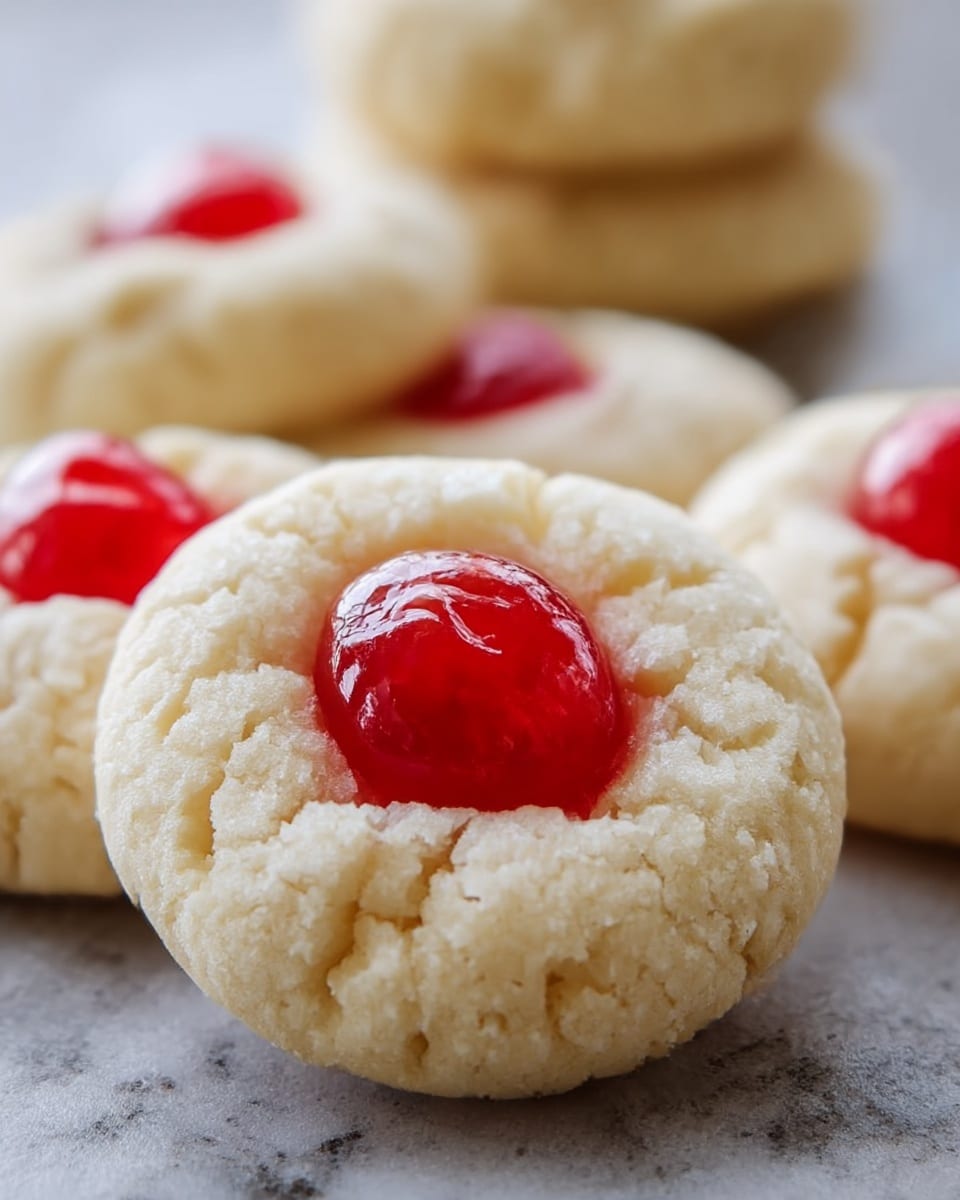 The image shows soft, round cookies with a light cream color and a cracked surface texture, each topped in the center with a glossy, bright red cherry. The cookies appear to be slightly thick with the cherry sitting firmly in a shallow indentation in the middle of each cookie. The background is a blurred white marbled texture, with some cookies stacked and others placed side by side. photo taken with an iphone --ar 4:5 --v 7