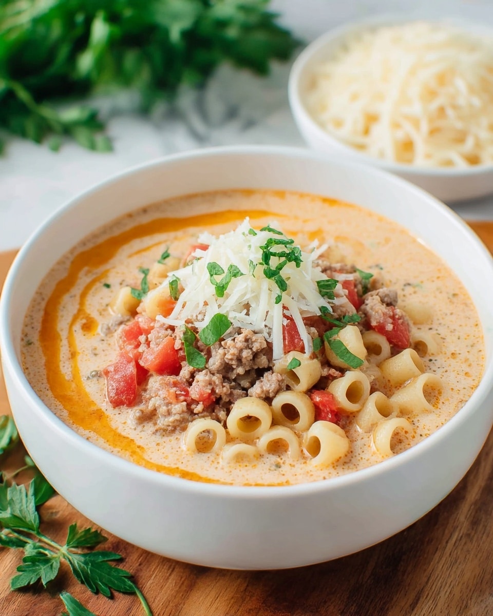 A white bowl filled with a creamy soup showing four main layers: at the bottom is a smooth light cream base with an orange oil swirl, followed by small beige tube-shaped pasta mixed with light brown ground meat pieces and red tomato chunks spread evenly throughout. On top is a small pile of shredded white cheese and scattered green herb leaves for garnish. The bowl sits on a wooden surface with fresh green herbs and another white bowl of shredded cheese blurred in the background, all on a white marbled texture. photo taken with an iphone --ar 4:5 --v 7