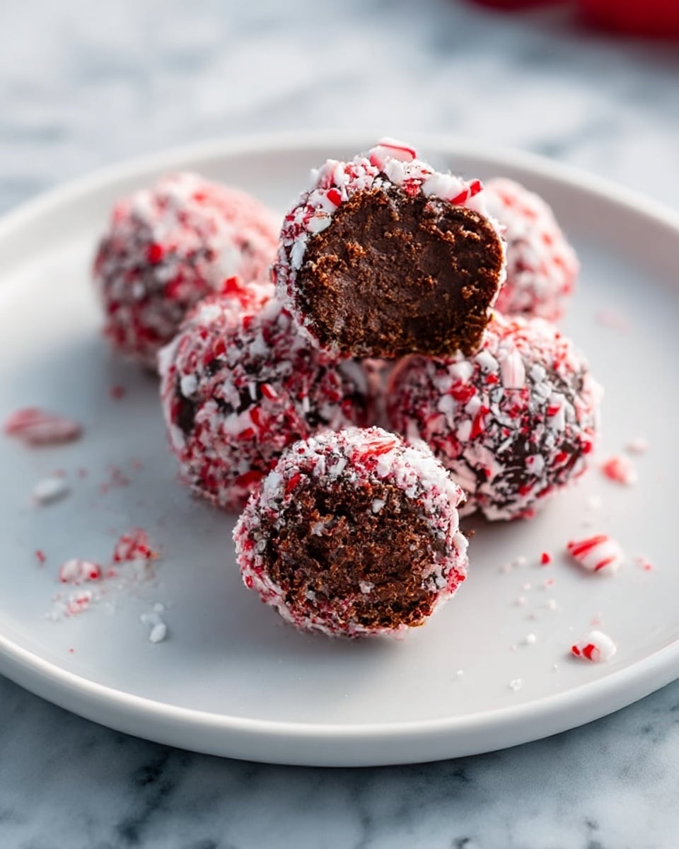 The image shows six round chocolate truffles on a white plate, each covered in crushed red and white peppermint pieces that create a rough, textured outer layer. One truffle is cut in half and placed on top of the others, showing a smooth, dark brown chocolate inside with a soft, dense texture. The truffles sit on a white marbled surface, and some small peppermint crumbs are scattered around the plate. Photo taken with an iphone --ar 4:5 --v 7