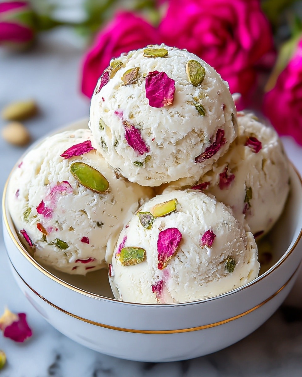 Three scoops of creamy off-white ice cream with visible pink rose petals and small green pistachio pieces mixed throughout are placed in a white bowl with a thin gold rim. The ice cream has a smooth texture with some rough edges from scooping, and the pink and green bits are evenly spread in each scoop. The bowl sits on a white marbled surface, and bright pink flowers are softly blurred in the background, adding a pop of color behind the bowl. photo taken with an iphone --ar 4:5 --v 7