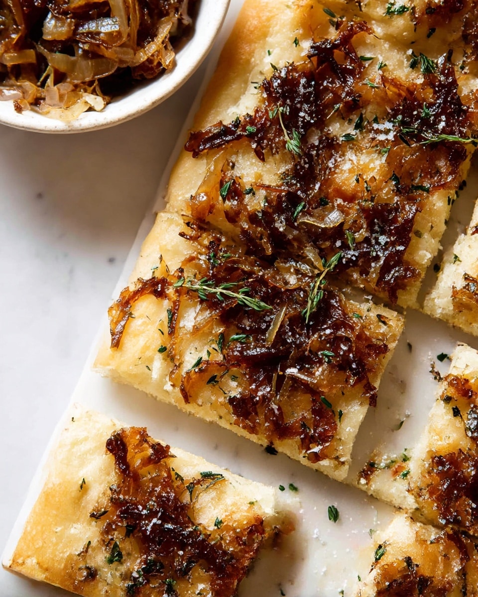 The image shows several pieces of focaccia bread cut into rectangular shapes, placed on a white marbled surface. Each piece has a golden-brown crust with a topping of caramelized onions and scattered herbs, adding a mix of dark brown and green colors on top. The inside of the bread is soft and airy with small holes, showing a light cream color. The pieces are arranged casually, some overlapping, with a close view that highlights the texture of the bread and toppings. photo taken with an iphone --ar 4:5 --v 7