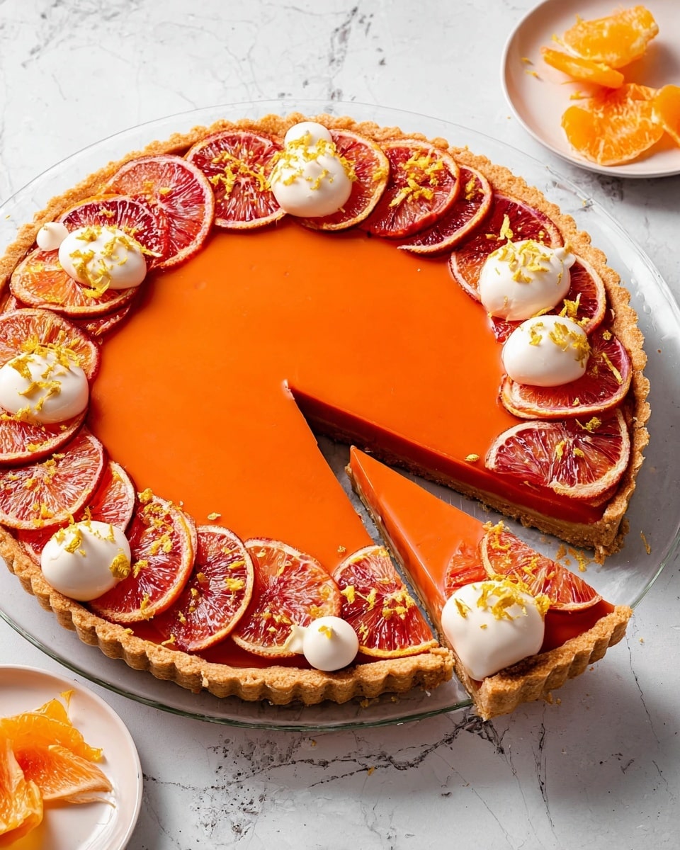 A round tart with a crumbly light brown crust holds a smooth, glossy orange filling. The tart is decorated around the edge with layers of thin blood orange slices showing a gradient of deep red to bright orange, small dollops of white cream with a soft texture, and tiny bright yellow-orange sprinkles scattered on top. The tart is sliced into pieces with one piece slightly pulled out. It sits on a clear glass plate on a white marbled surface, alongside two small white plates holding more orange and yellow garnishes. photo taken with an iphone --ar 4:5 --v 7