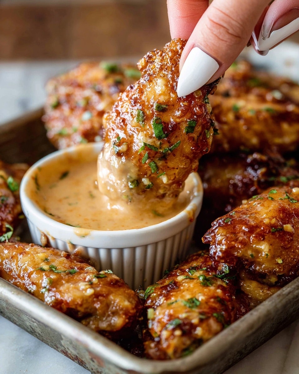 A close-up of golden-brown crispy chicken wings covered in a glossy, sticky sauce with green herb bits sprinkled on top, one wing being dipped into a small white metal cup filled with a smooth, creamy beige dipping sauce. The wings are piled in a rustic metal tray, showing a textured, crunchy surface that glistens under the light, held by a woman's hand with white nail polish, all set on a white marbled texture. photo taken with an iphone --ar 4:5 --v 7