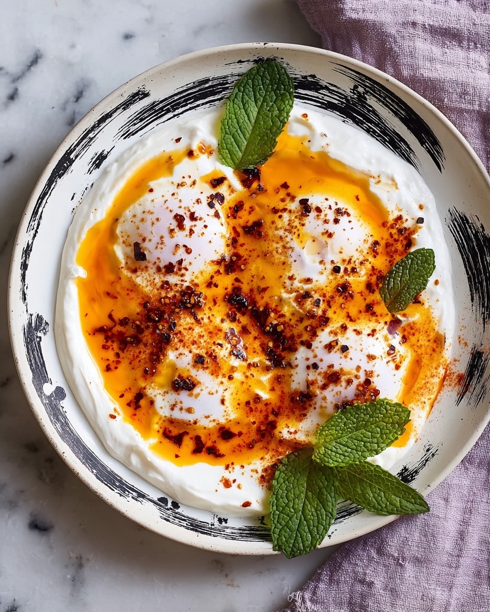 The dish is served in a white plate with black brushstroke patterns on the rim, placed on a white marbled surface. It has three main layers: the bottom layer is smooth white yogurt spread around the plate, the middle layer consists of three soft poached eggs with white, fluffy whites and slightly runny golden yolks visible in spots, and the top layer is a drizzle of bright orange chili oil, sprinkled with dark red chili flakes and a few black pepper specks. Two fresh green mint leaves rest on the yogurt near the eggs, adding a touch of color contrast. A folded light purple cloth napkin is seen at the top right edge of the frame. Photo taken with an iphone --ar 4:5 --v 7
