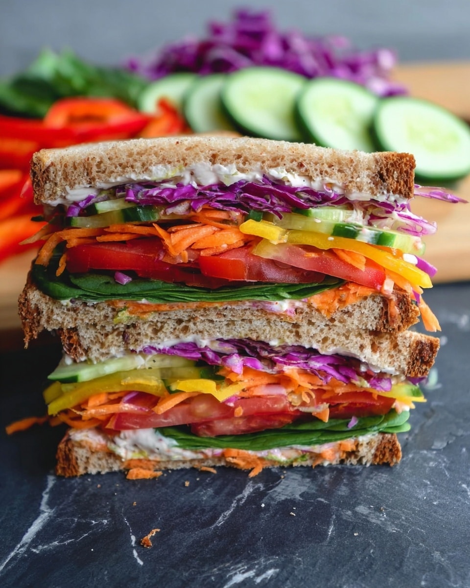 A sandwich cut in half is stacked on a dark surface, showing many layers. The top and bottom layers are light brown whole grain bread. Inside, from bottom to top, there is a layer of green spinach leaves, bright red sliced bell pepper, shredded orange carrot, slices of red tomato, creamy white spread, light purple cabbage, thin cucumber slices, yellow bell pepper strips, and more shredded carrot with some leafy greens. The background shows a white marbled surface with sliced cucumber, red bell pepper, purple cabbage, and spinach leaves arranged on a white board. photo taken with an iphone --ar 4:5 --v 7