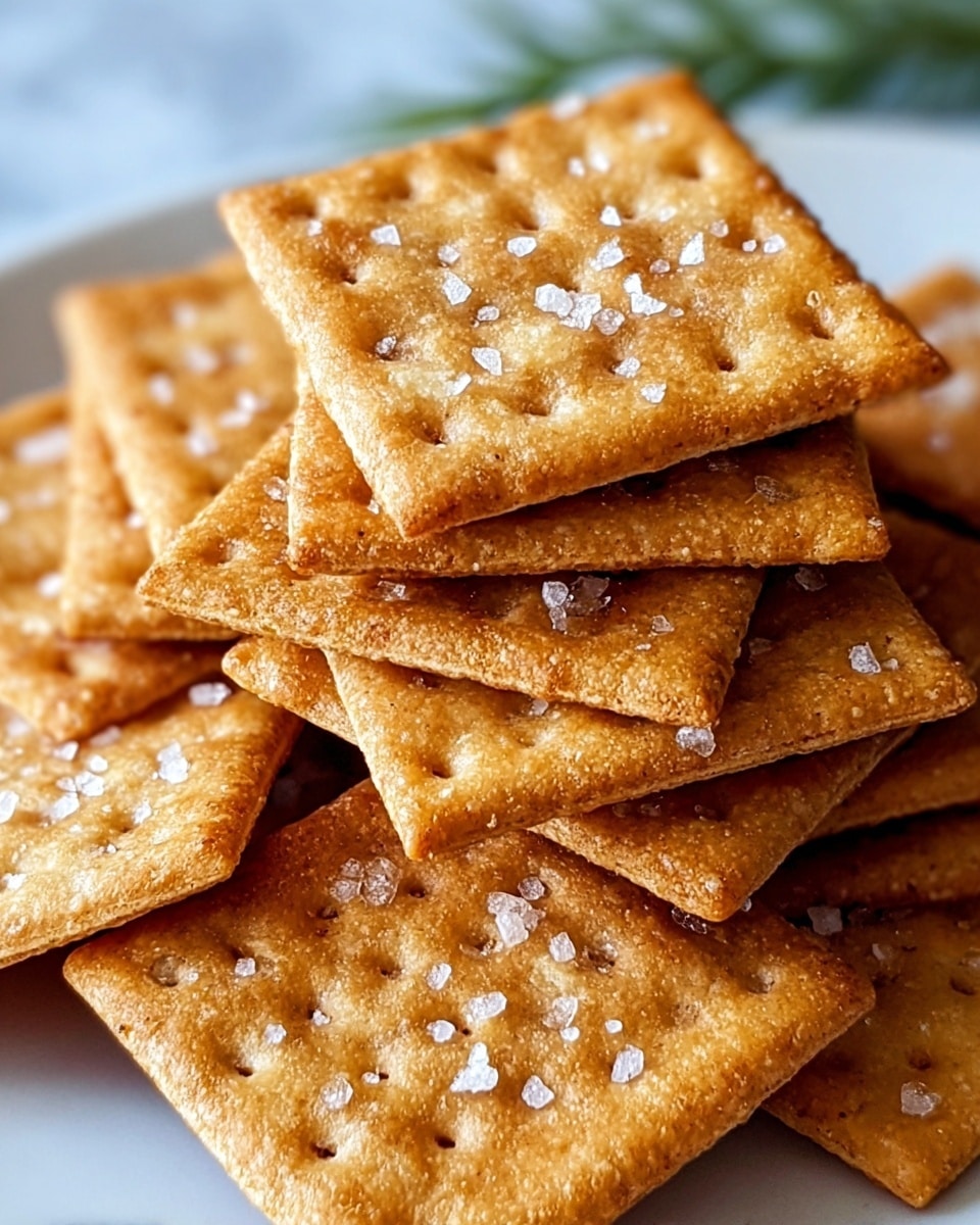 A close-up view of a neat stack of crispy golden brown square crackers with rough, grainy texture and visible large salt crystals scattered on top. Each cracker has small holes in the center and slightly raised edges. The crackers are arranged in multiple layers, stacked unevenly but balanced on a white plate. The background shows a soft white marbled texture with hints of green blurred in the distance. photo taken with an iphone --ar 4:5 --v 7