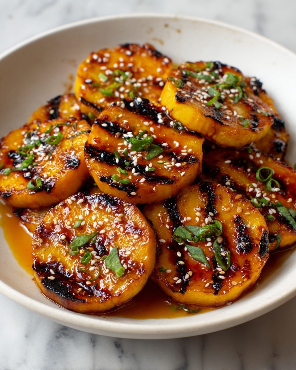 The image shows a white bowl with nine round, thick slices of grilled yellow vegetable, each piece perfectly seared with dark brown grill marks on the top and edges, giving a caramelized look. The slices have a glossy texture from the sauce coating them, pooling lightly at the bottom of the bowl. Each piece is sprinkled with white sesame seeds and small green chopped herbs, adding extra color and texture contrast. The bowl sits on a white marbled surface, making the warm colors of the food stand out. photo taken with an iphone --ar 4:5 --v 7