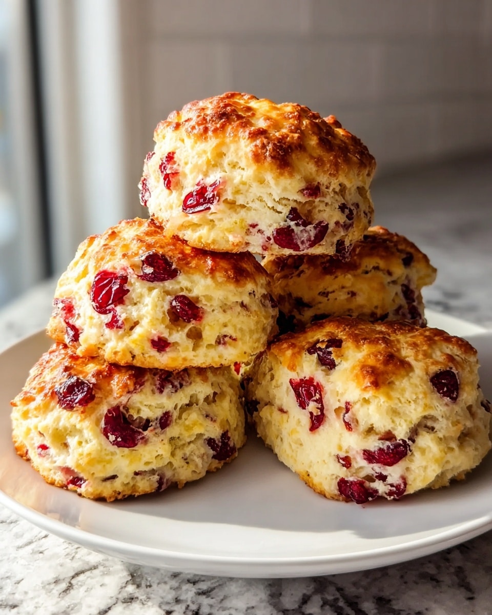 A white plate holds four round scones stacked in a small pile, each scone showing a golden brown top with a slightly crispy texture and visible red dried cranberries spread throughout the soft, pale yellow inner crumb. The scones have a light and fluffy look, with the cranberries adding a splash of deep red color in every layer. They are placed on a counter with a white marbled texture in the background, softly lit by natural light coming from a nearby window. photo taken with an iphone --ar 4:5 --v 7