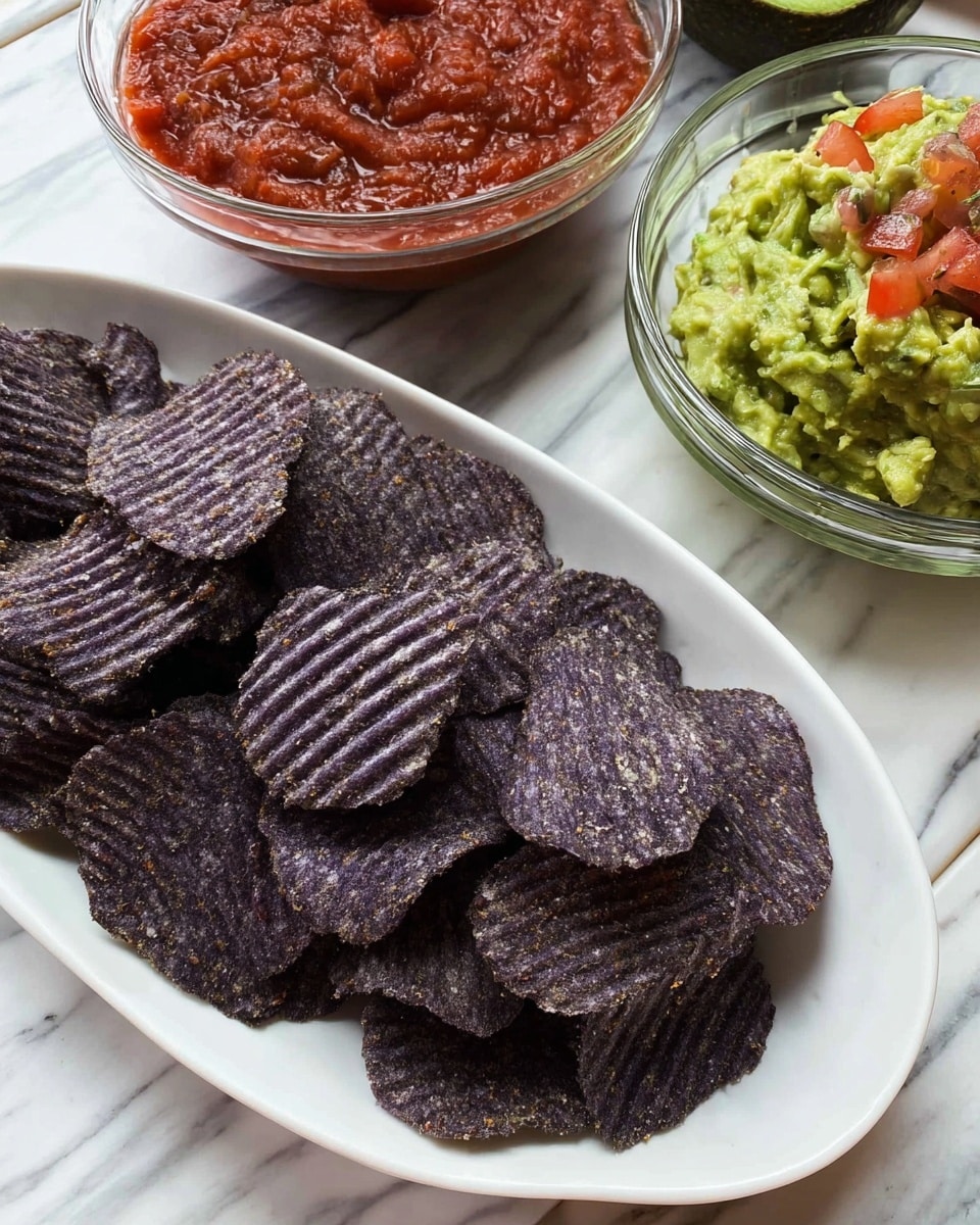 A white oval plate filled with dark purple, ridged potato chips stacked unevenly, showing a rough texture with some chips slightly overlapping each other. Behind the plate, there is a clear glass bowl on the right containing chunky green guacamole mixed with small pieces of tomato and onion, and on the left, a clear glass bowl filled with thick, red salsa. All items are placed on a white marbled surface. photo taken with an iphone --ar 4:5 --v 7