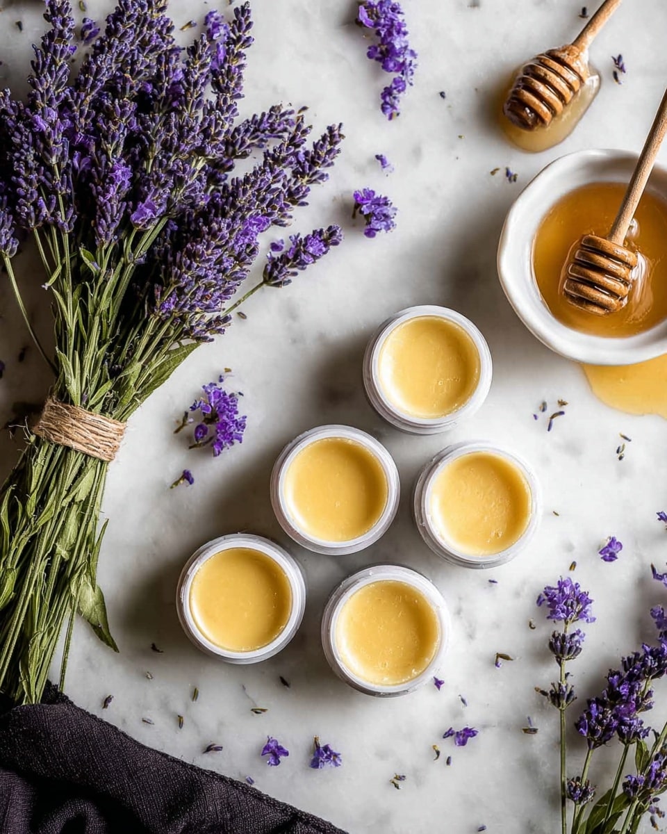 Five small white jars filled with a smooth, yellow balm are spread out on a white marbled surface. To the left side, there is a tied bunch of fresh lavender with green stems and vibrant purple flowers. More lavender sprigs and small purple petals are scattered around the jars. In the upper right corner, a white bowl holds golden honey, and a wooden honey dipper rests next to it on the surface. A black cloth peeks out from the bottom left corner. The scene is softly lit, highlighting the natural colors and textures. photo taken with an iphone --ar 4:5 --v 7