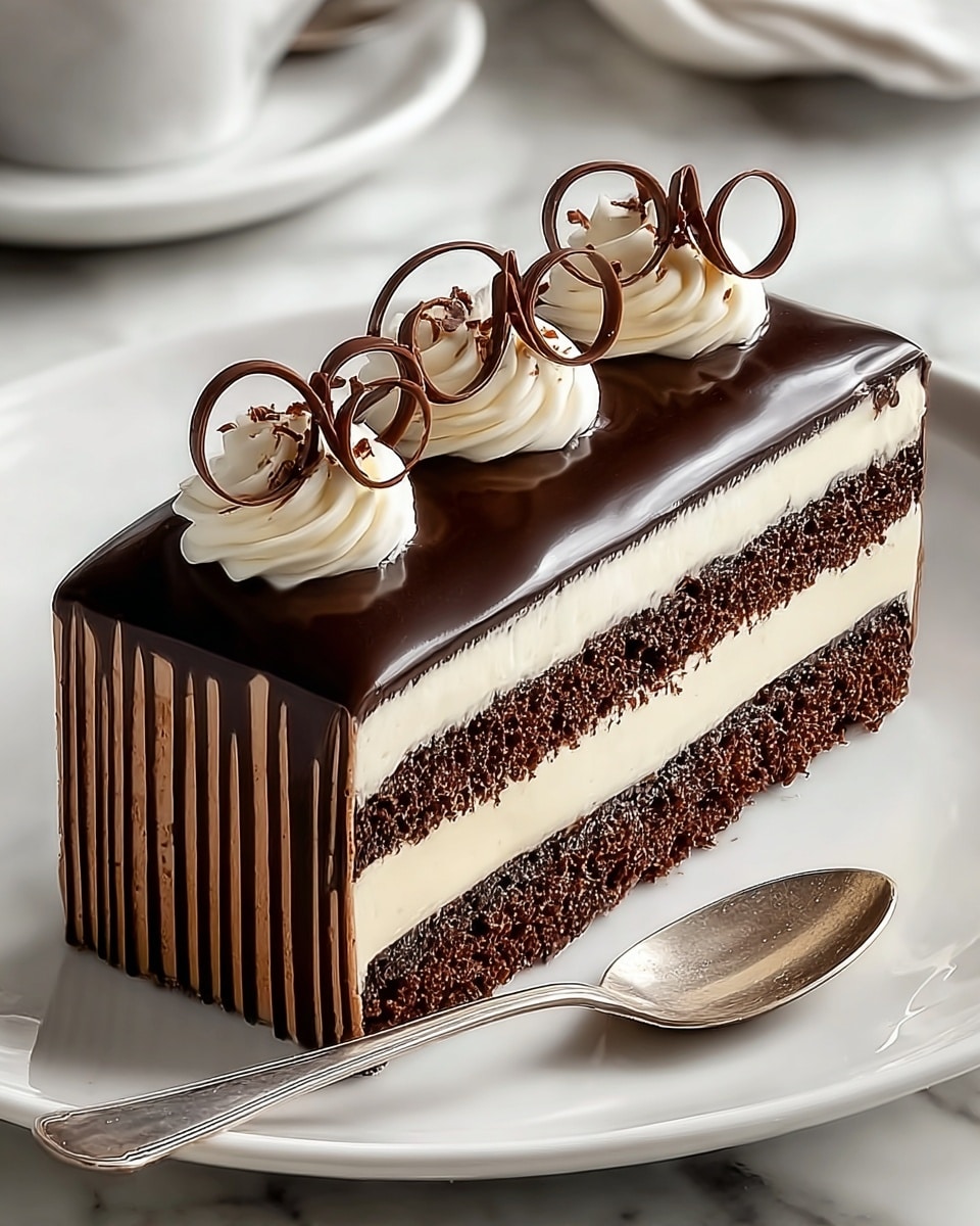 A rectangular slice of chocolate cake is shown on a white plate, with two dark brown chocolate sponge layers sandwiched by two thick white cream layers in the middle. The slice is covered in glossy dark chocolate glaze that smoothly coats the top and sides, with five thin, vertical light brown chocolate lines running down the side. On top, there are three white cream swirls spaced evenly, each topped with decorative loops of dark chocolate. The plate rests on a white marbled surface with a silver spoon placed beside the slice on the plate. Photo taken with an iphone --ar 4:5 --v 7